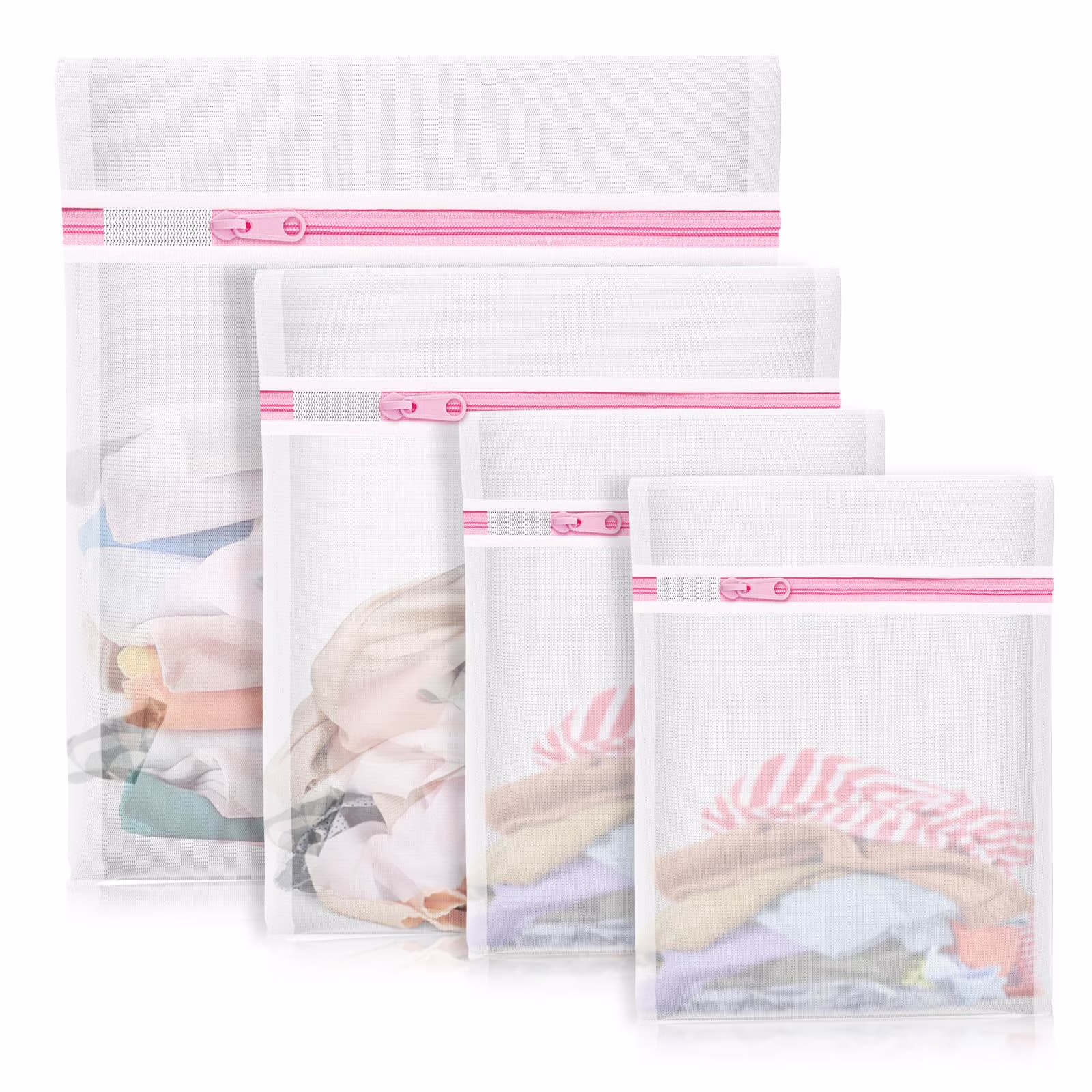 4Pcs Zippered Mesh Wash Bags, Laundry Organizer for Delicates Toys Travel, Lingerie Protector with Locking Zipper, Dorm Room Necessities, White