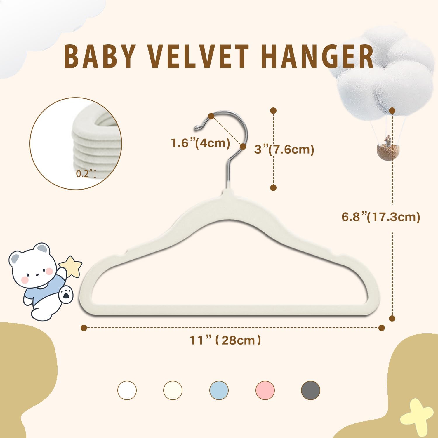 Baby Velvet Hangers, 11 Inches Kids Clothes Hangers, Non-Slip Childrens Hangers for Infant and Toddler 16 Pack Cream
