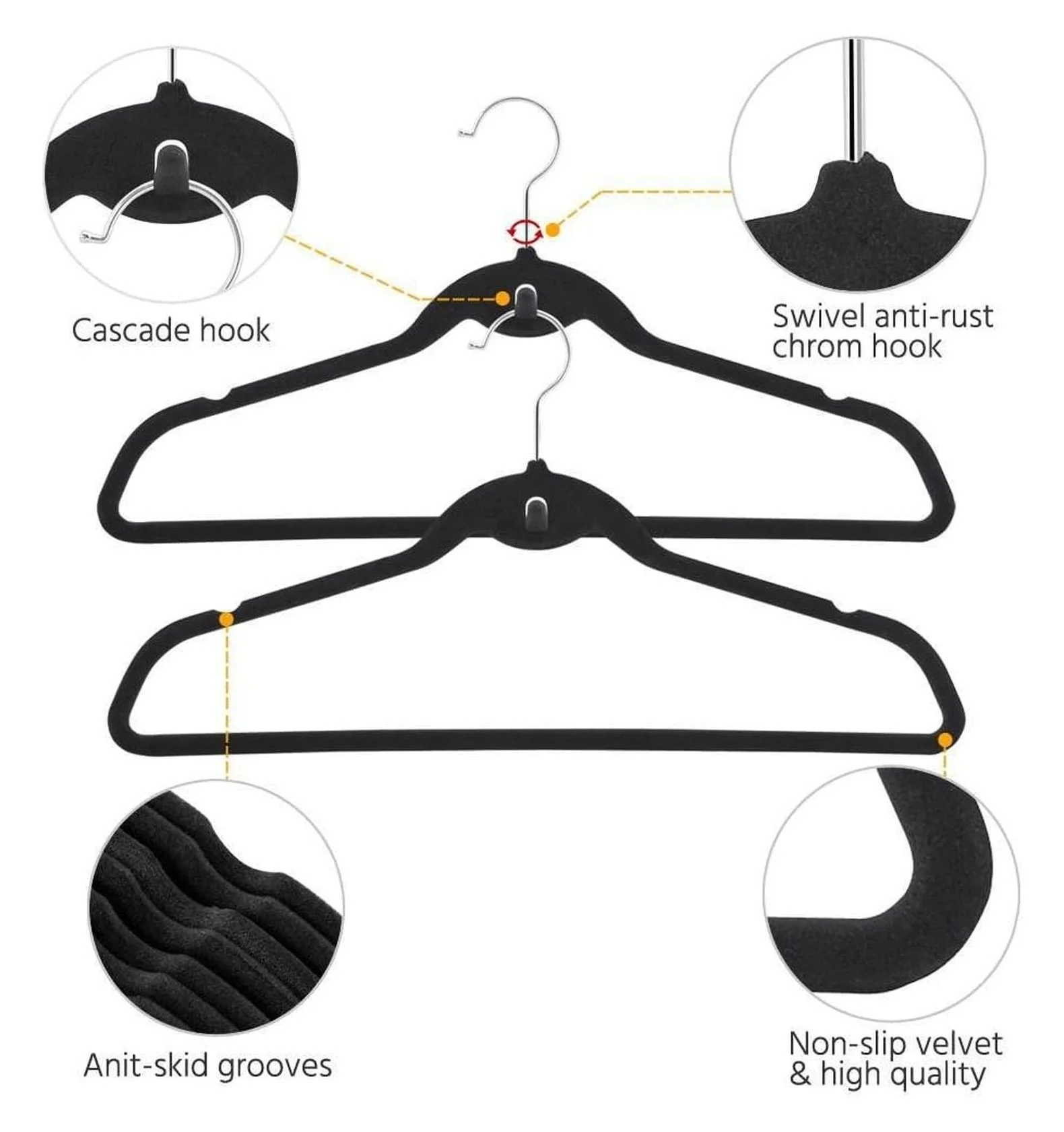 Premium Cascading Velvet Hangers 100 Pack - Non Slip Hangers with Cascading 360 Swivel Black-Space Saving Clothes Hangers