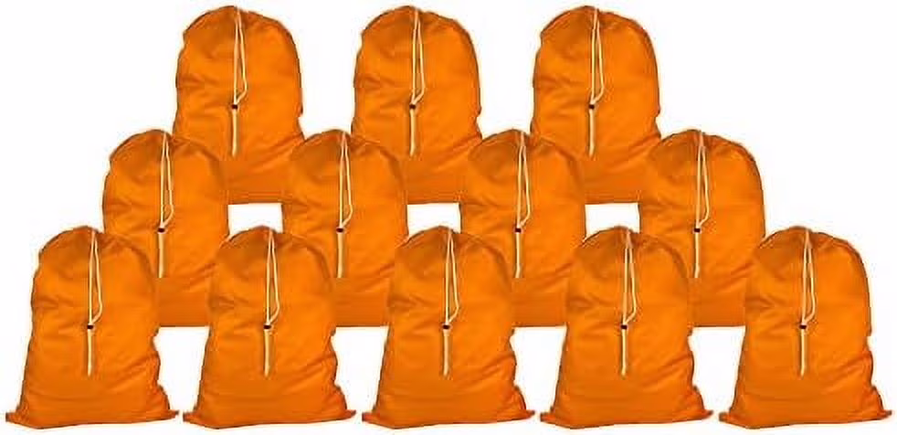 Pack of 12 Laundry Bags, Standard size: 30 x 40, Heavy Duty Durable Nylon Commercial Laundromats and Household Storage, Machine Washable, Drawstring. Made in USA.(Orange)