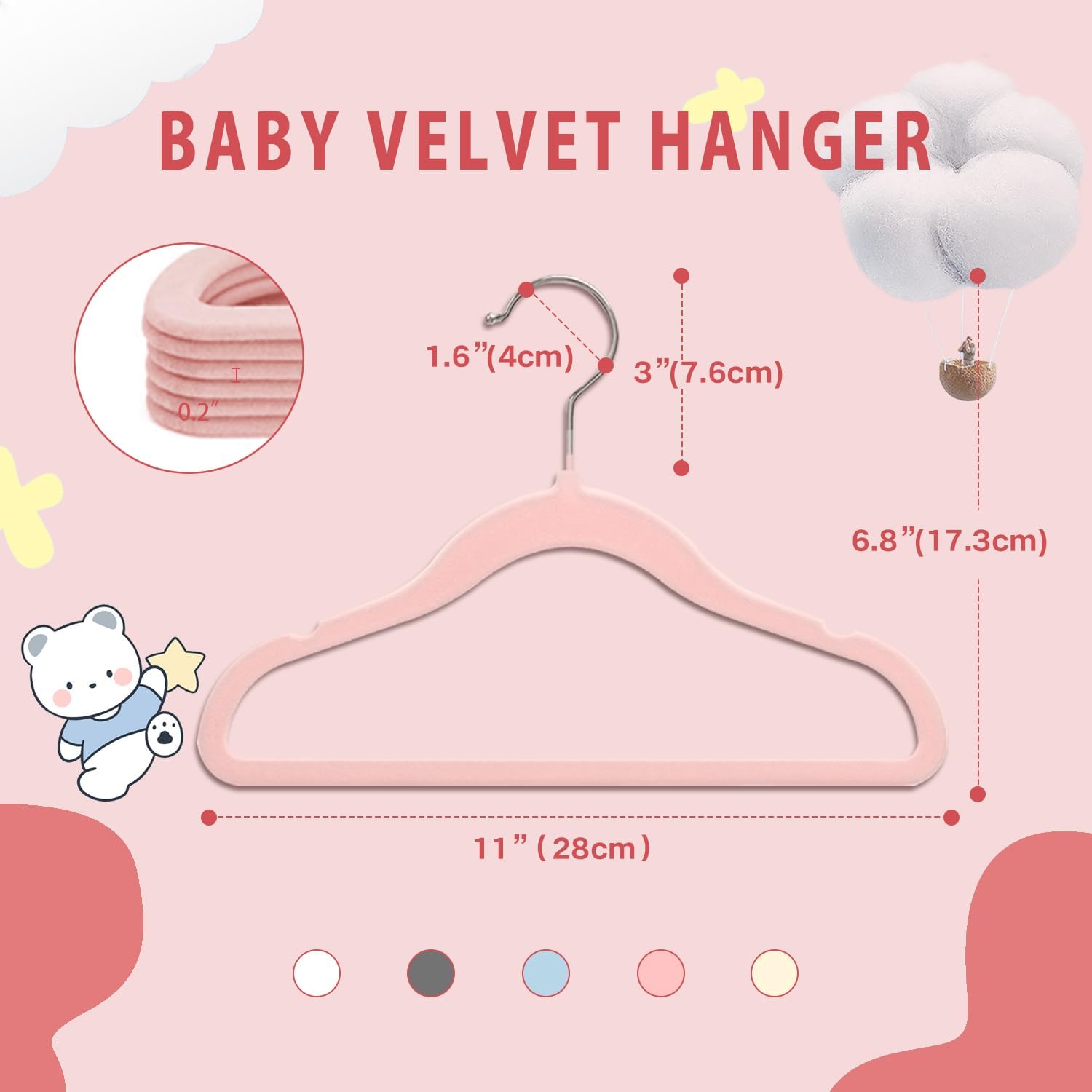 Baby Velvet Hangers, 11 Inches Kids Clothes Hangers, Non-Slip Childrens Hangers for Infant and Toddler 16 Pack Pink