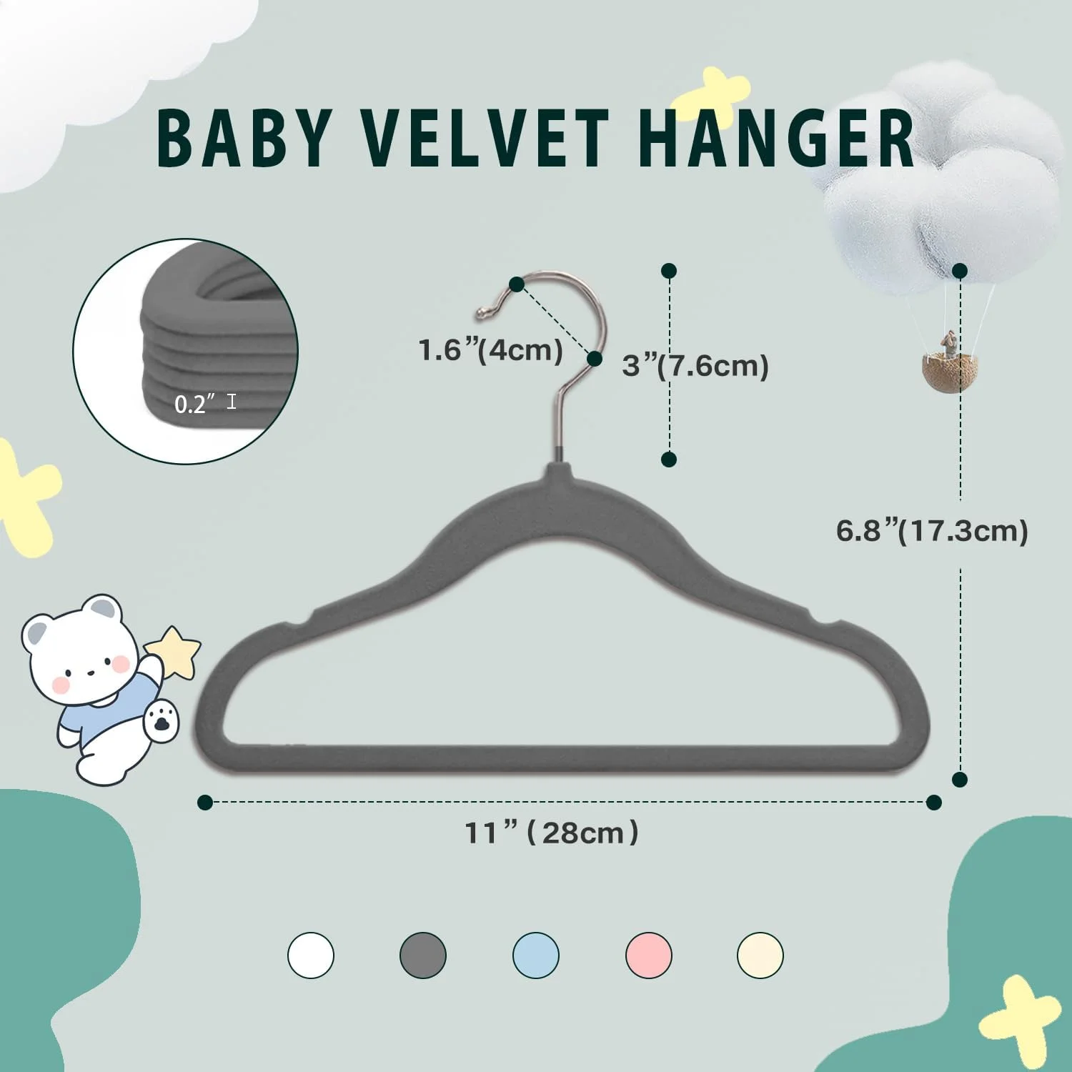 Baby Velvet Hangers, 11 Inches Kids Clothes Hangers, Non-Slip Childrens Hangers for Infant and Toddler 16 Pack Gray