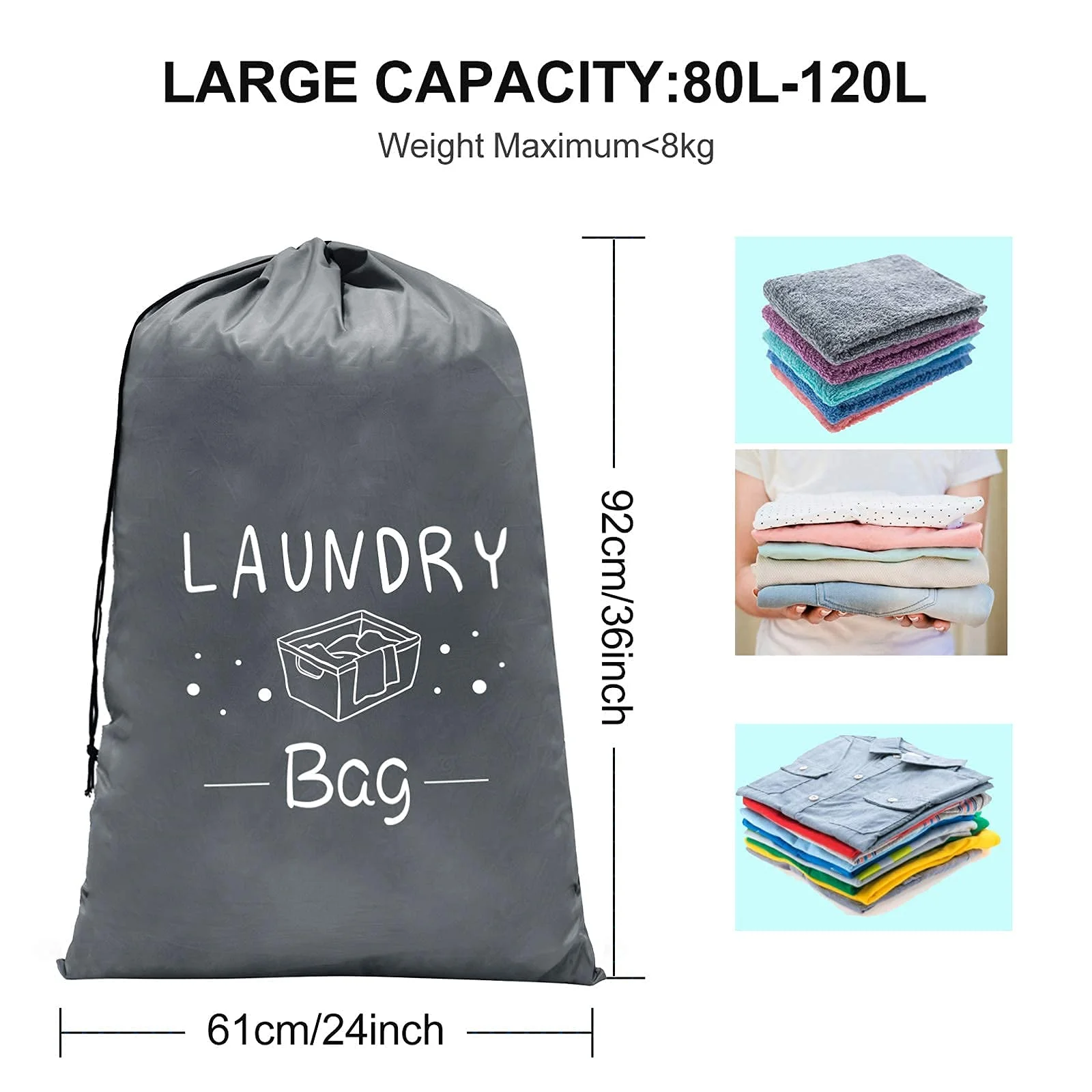 Heavy Duty Travel Laundry Bag Set of 2, Extra Large Drawstring Clothes Storage, Tear Resistant Laundry Organizer for Dormitory, Hotel, Home, Grey
