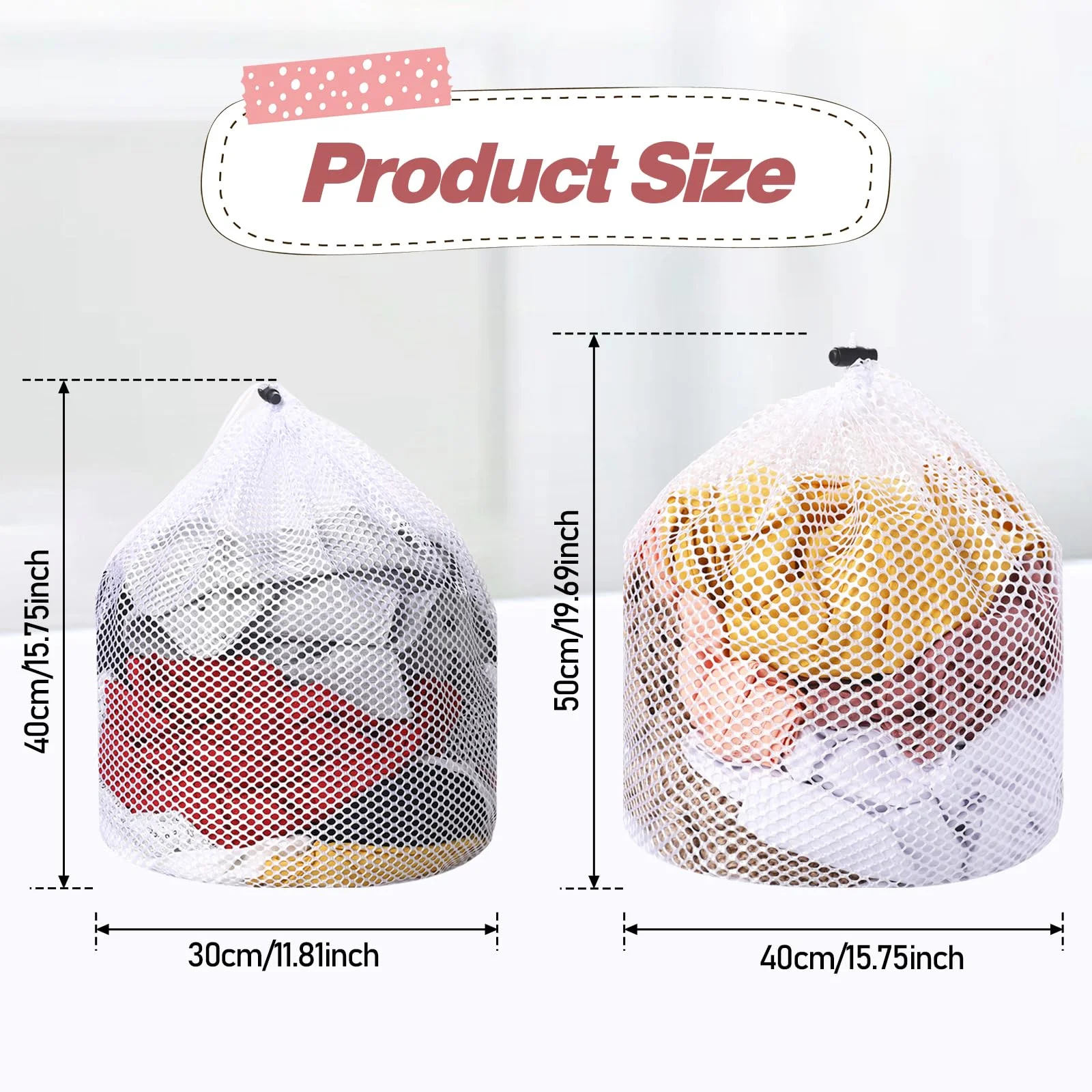 Laundry Mesh Bags 2pcs White, Drawstring Design for Socks Delicates, Machine Washable Travel Storage Bags, Home College Use, 12x16 16x20 Inch