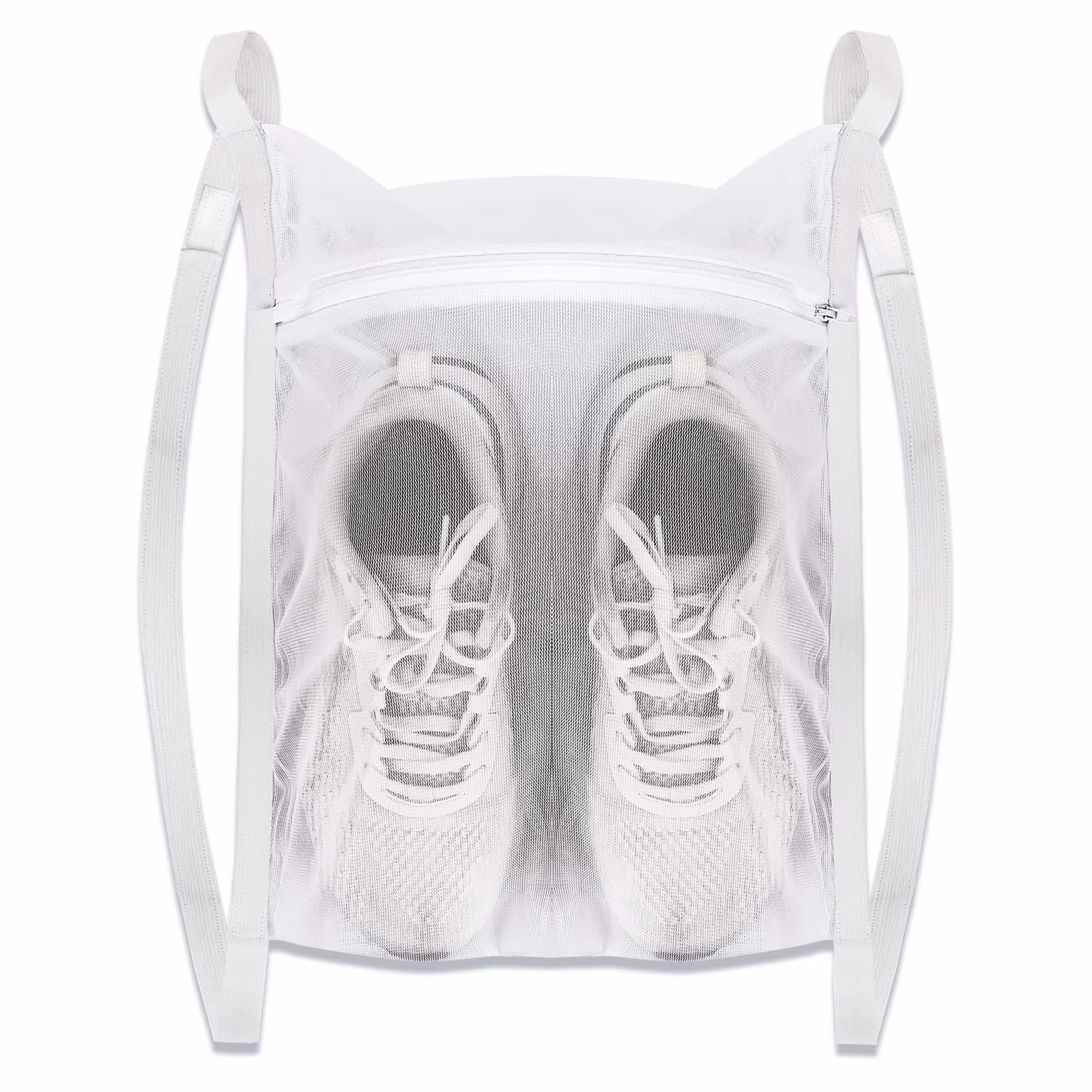 Sneaker Laundry Bag with Zipper and Strap, Honeycomb Mesh Wash & Dry Net for Shoes, Large 15.7" Durable Polyester Bag for Sports Basketball Football Dance Shoes, Fits Most Dryers, White