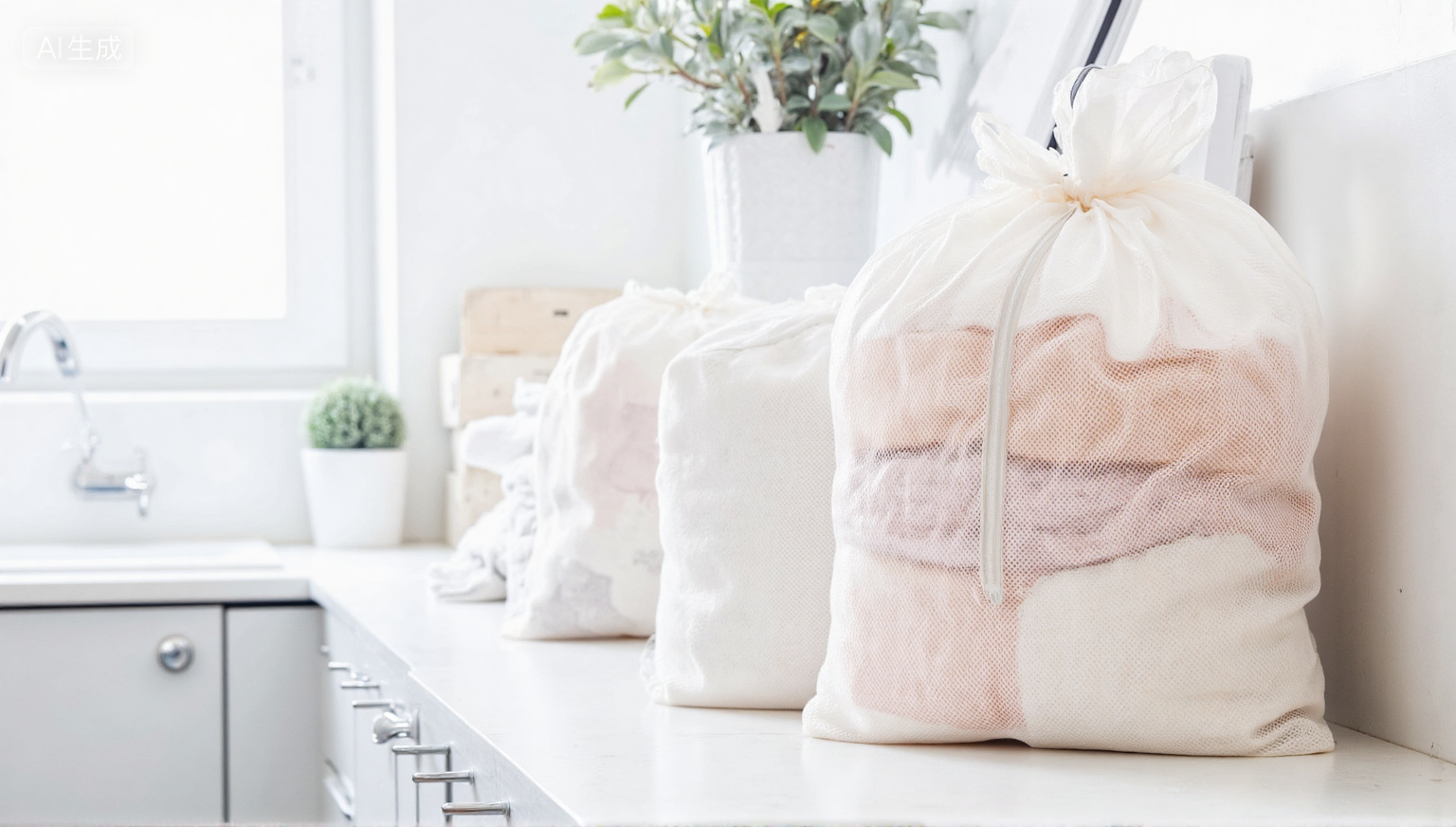 Mesh laundry bags arranged in a bright, clean laundry space