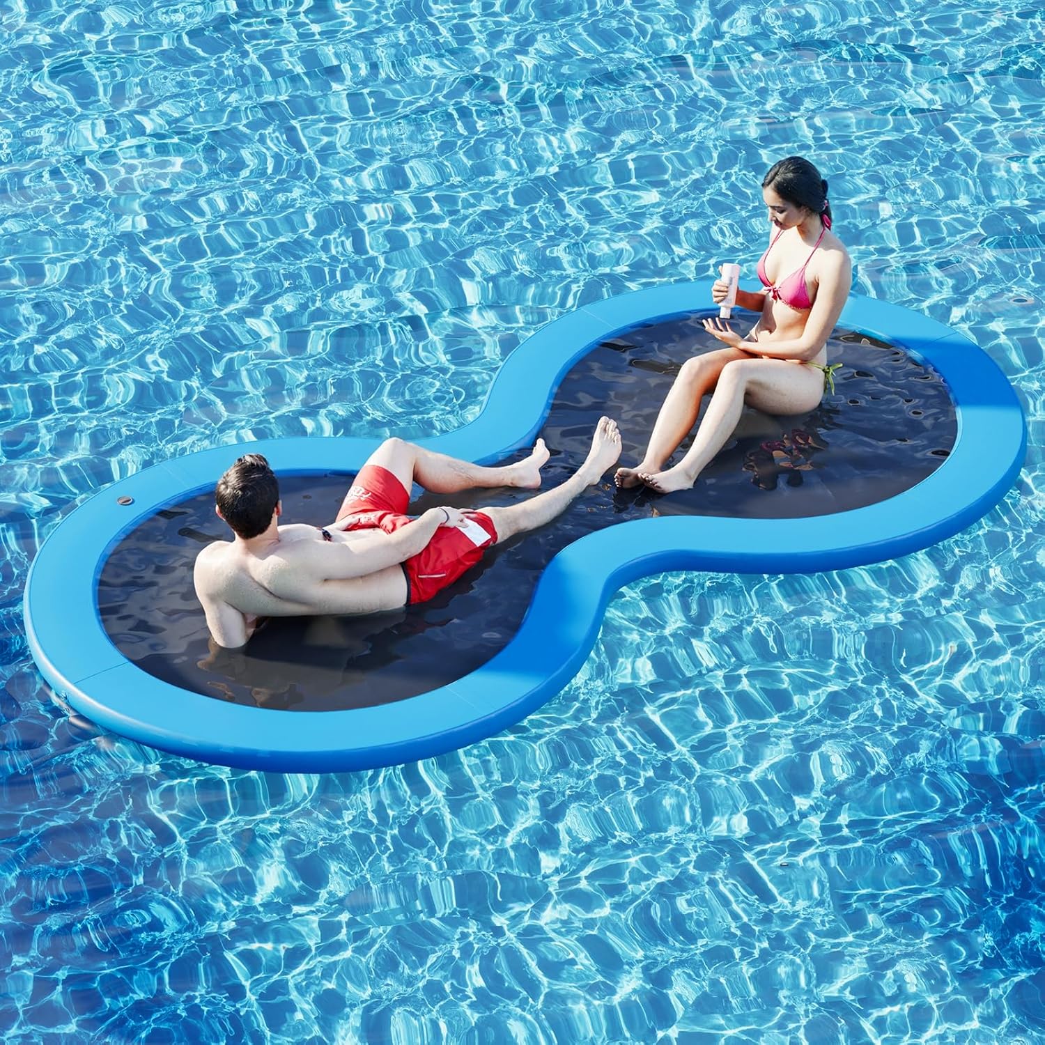 Round Inflatable Floating Dock, Sunchill Float Ring, Hammock Tanning Pool with 4in Woven Fabric, Manual Pump for 1-2 Min Quick Inflate/Deflate, Fits 2-8, Ideal for Lakes, Pools, Oceans
