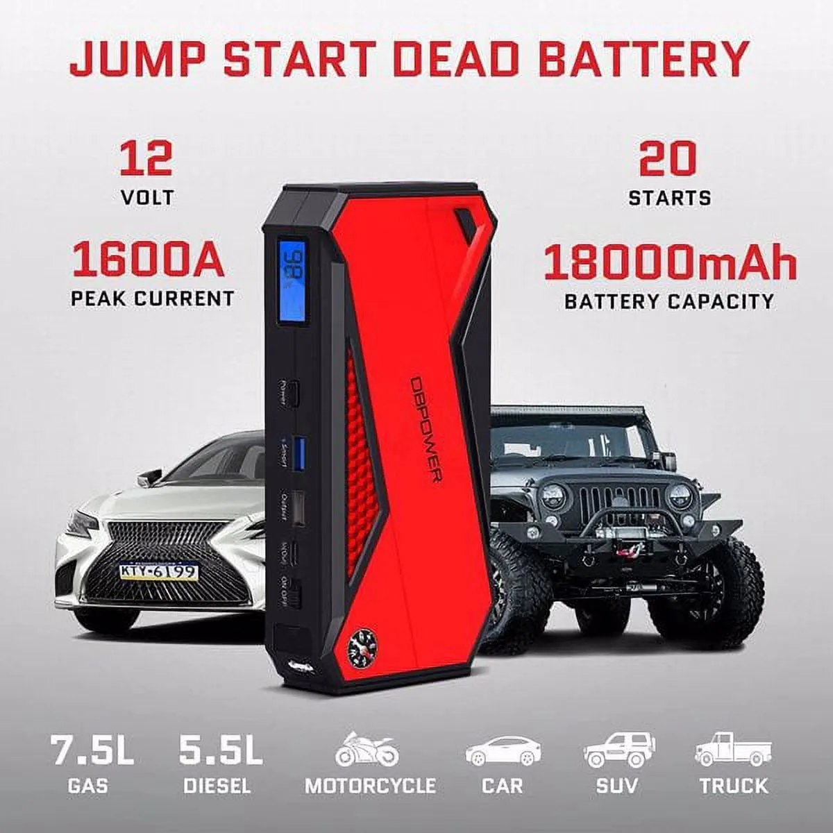 Peak 1600A 18000mAh Car Battery Jump Starter, up to 7.2 Gas, 5.5L Diesel Engines, Portable Battery Booster with Smart Charging Port, LCD Display, Intelligent Jumper Clamps, DJS90, Red Black