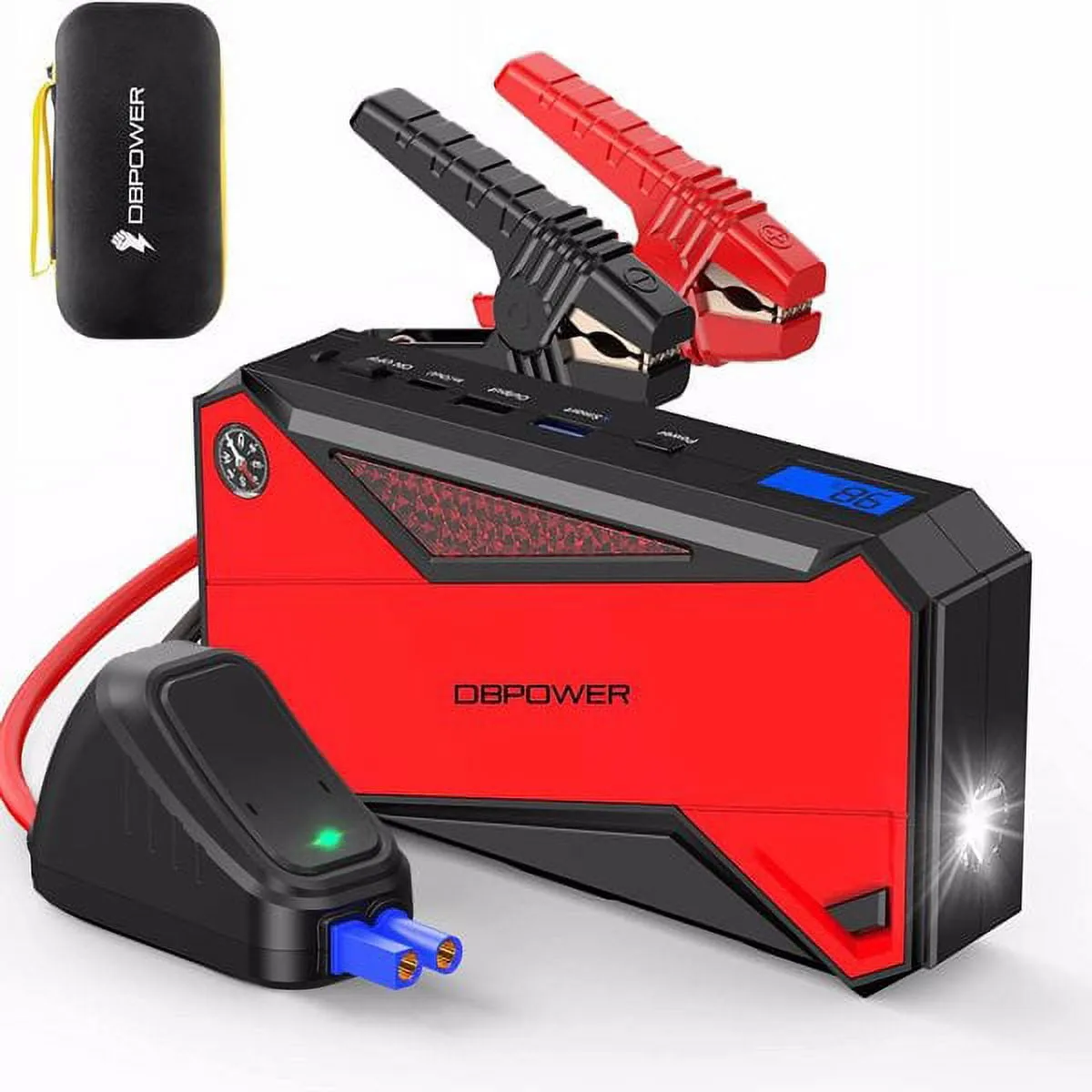 Peak 1600A 18000mAh Car Battery Jump Starter, up to 7.2 Gas, 5.5L Diesel Engines, Portable Battery Booster with Smart Charging Port, LCD Display, Intelligent Jumper Clamps, DJS90, Red Black