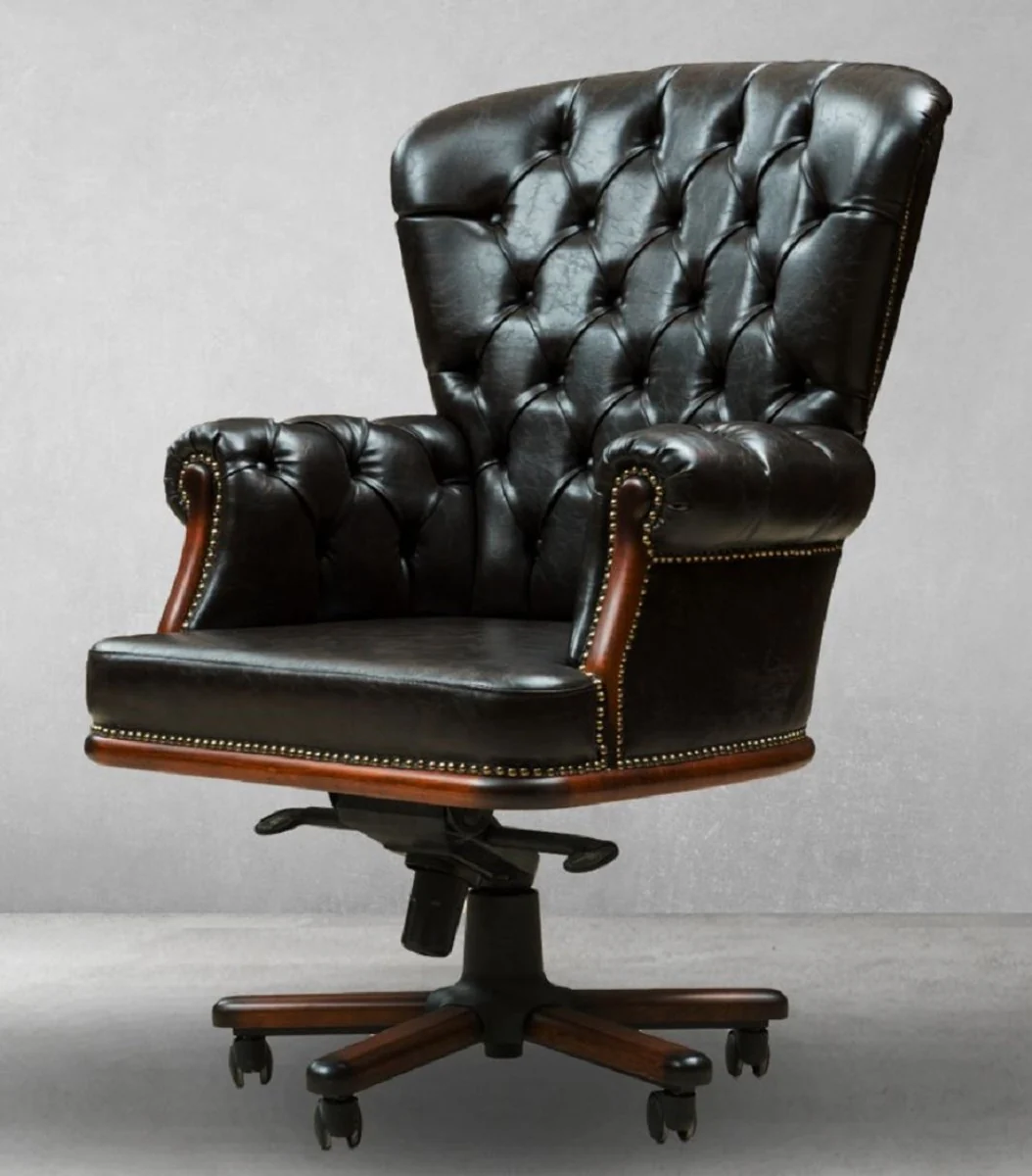 Luxury Chesterfield desk chair vintage black / brown 84 x 93 x H. 114 cm - Height-adjustable faux leather office chair - Office furniture - Chesterfield furniture - Luxury furniture