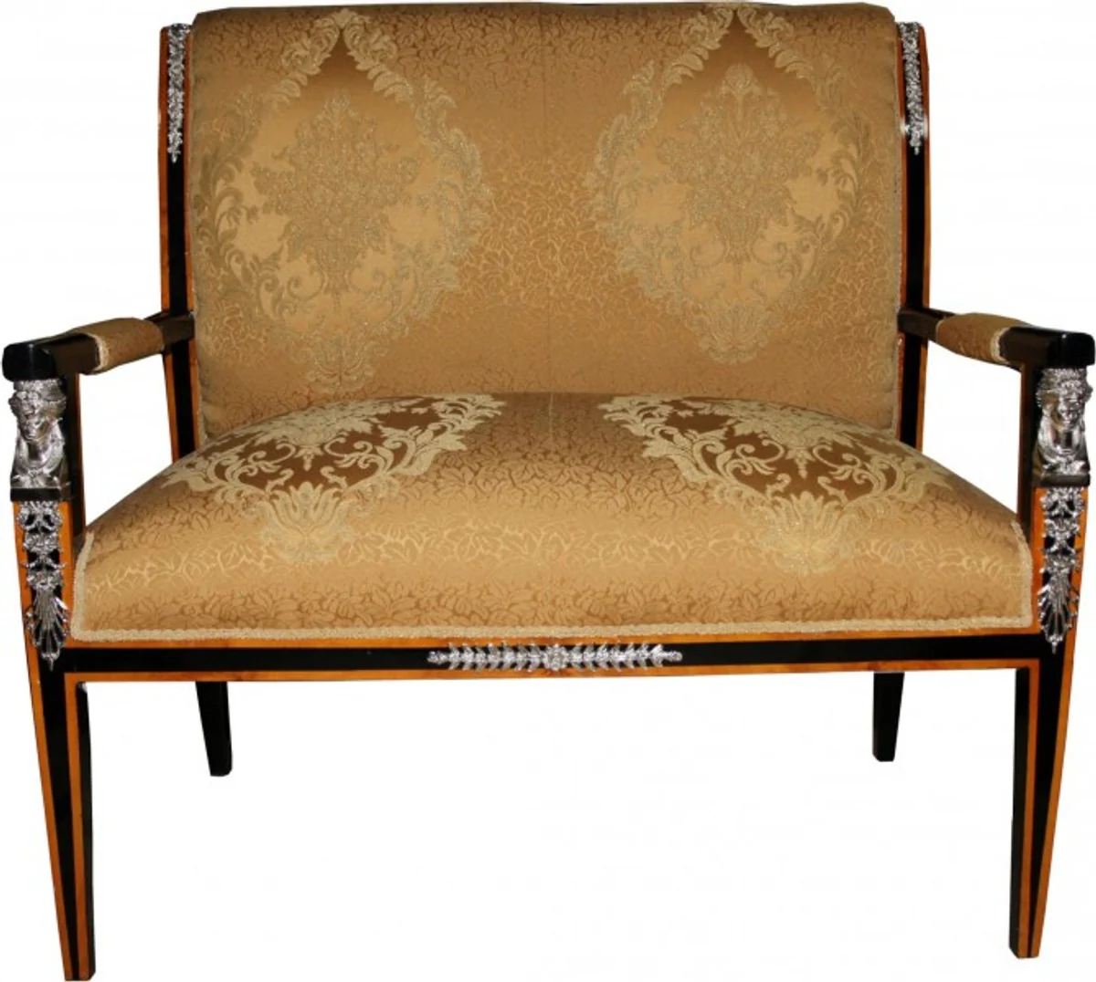 Baroque Empire Salon Set of 4 Gold Pattern / Black / Mahogany / Silver - Bench + 2 Armchairs + Coffee Table