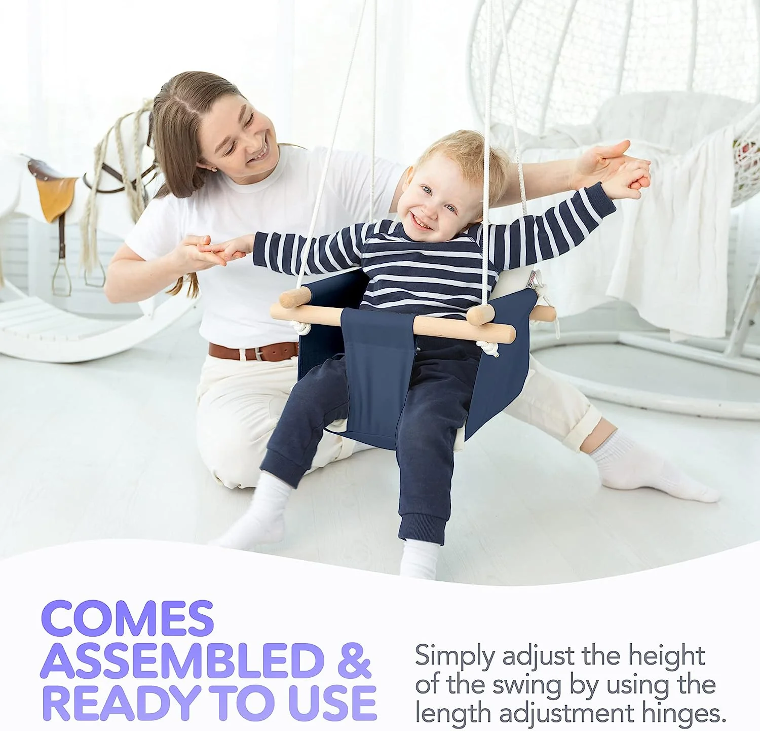 Babyschaukel aus Segeltuch, hängender Schaukelsitz aus Holz mit Sicherheitsgurt, langlebiger Baby-Hängemattenstuhl, Außen- und Innenschaukel für Kinder, Montagezubehör im Lieferumfang enthalten, Elfenbeinfarben