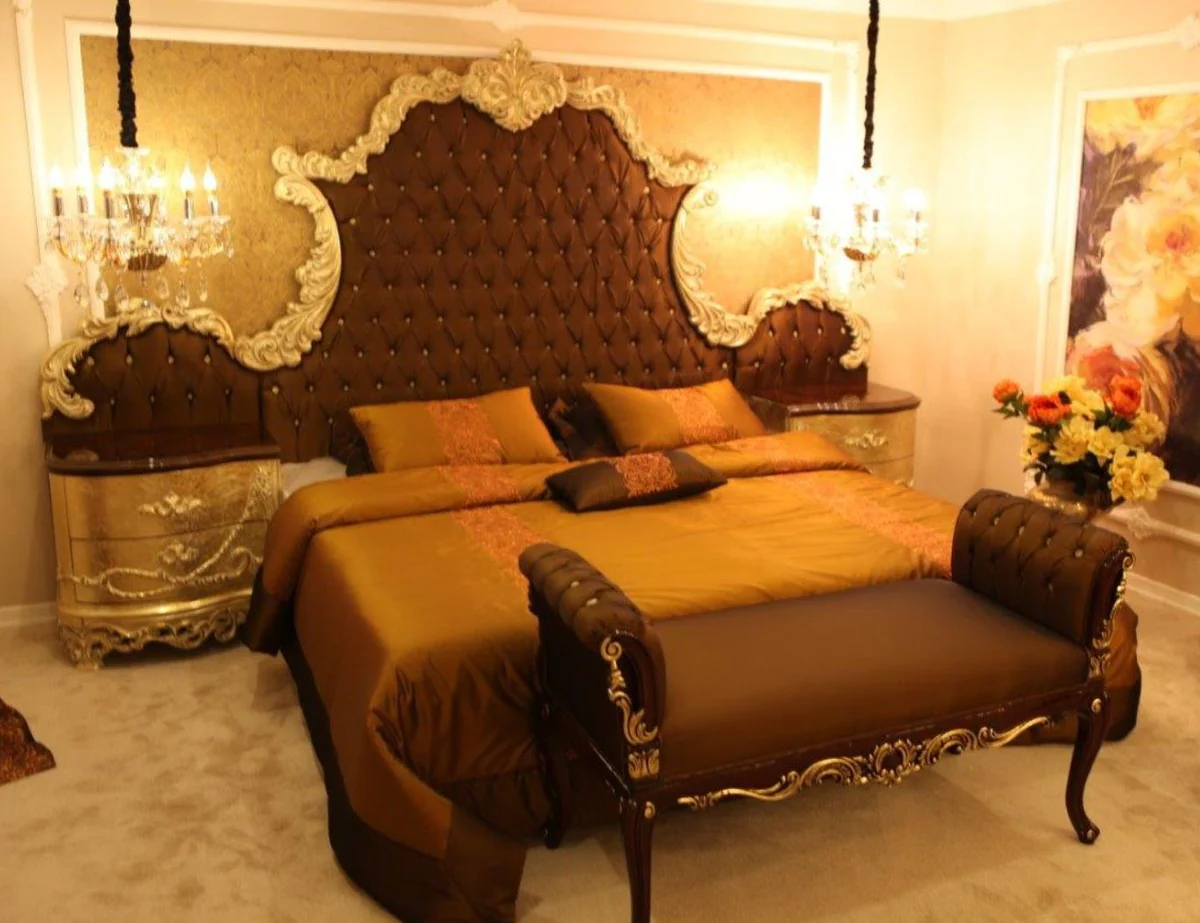 Luxury Baroque bedroom set brown / cream / gold - 1 double bed with headboard & 2 bedside tables & 1 bench - Baroque bedroom furniture - noble & magnificent