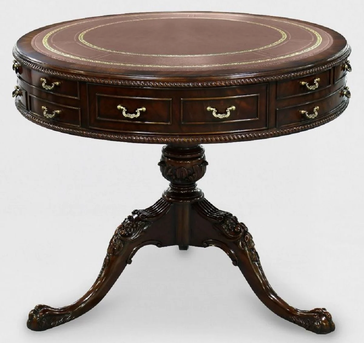 Luxury Baroque side table brown / gold Ø 91 x H. 76 cm - Round mahogany table with 14 drawers and real leather - Baroque mahogany furniture