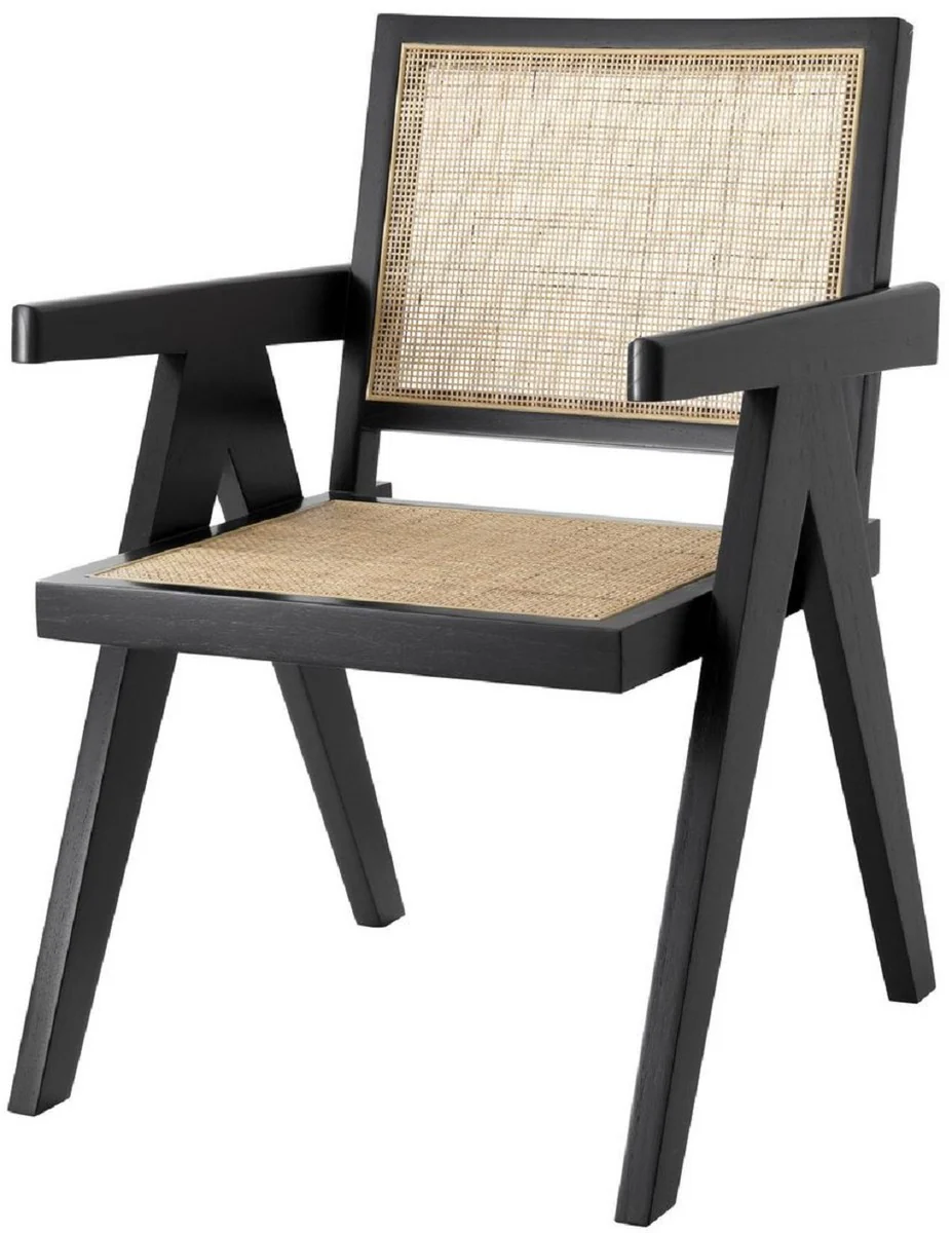 Luxury dining room chair black / natural colors 57 x 65.5 x H. 90 cm - solid wood chair with armrests and hand-woven rattan weave - luxury dining room furniture