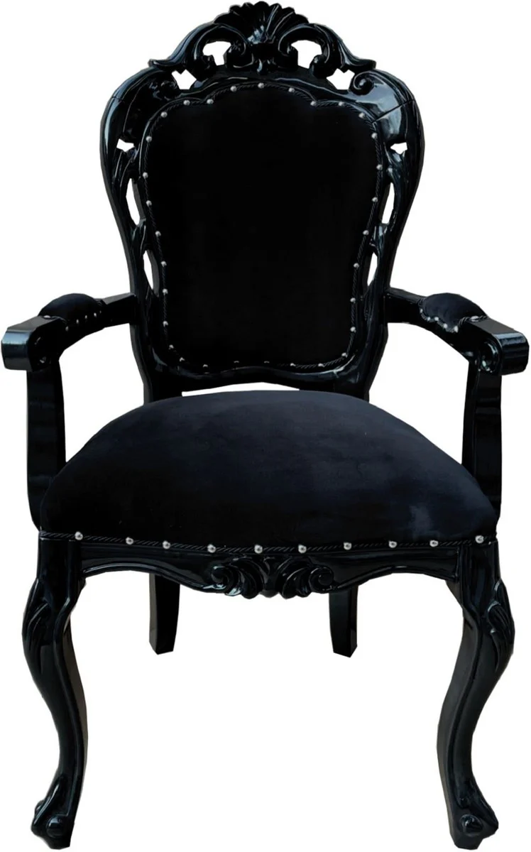 Baroque dining room chair black - handmade antique style chair with armrests and elegant velvet fabric - dining room furniture in baroque style