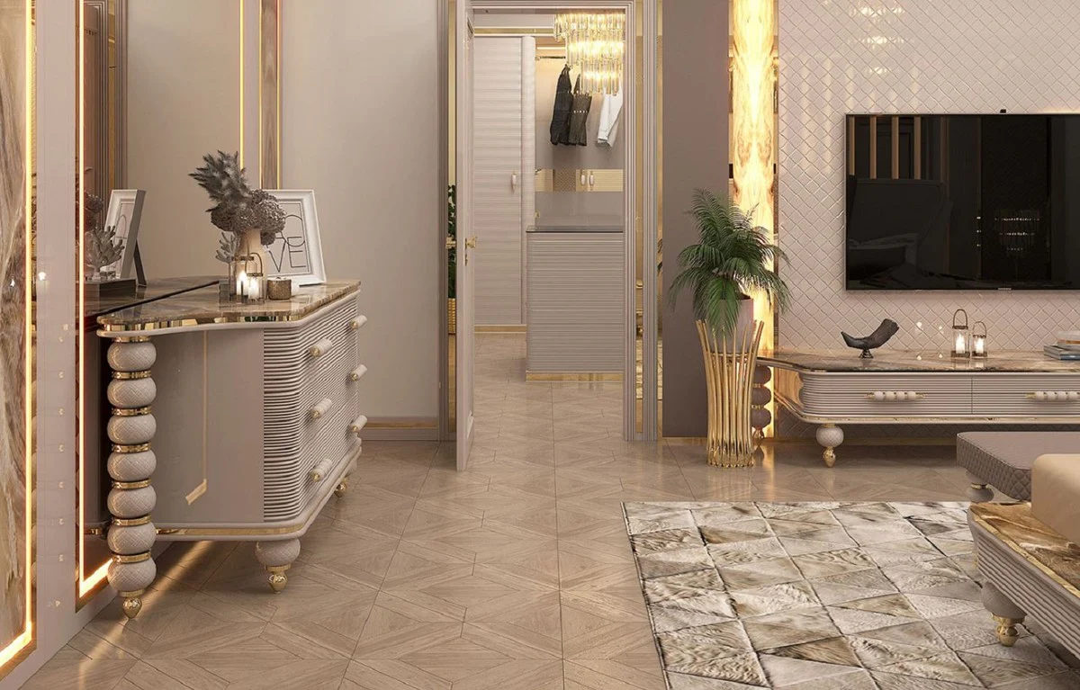 Luxury Art Deco chest of drawers gray / white / gold 170 x 50 x H. 89 cm - Magnificent chest of drawers with 3 drawers and artificial marble top - Art Deco bedroom & hotel furniture - Luxury collection