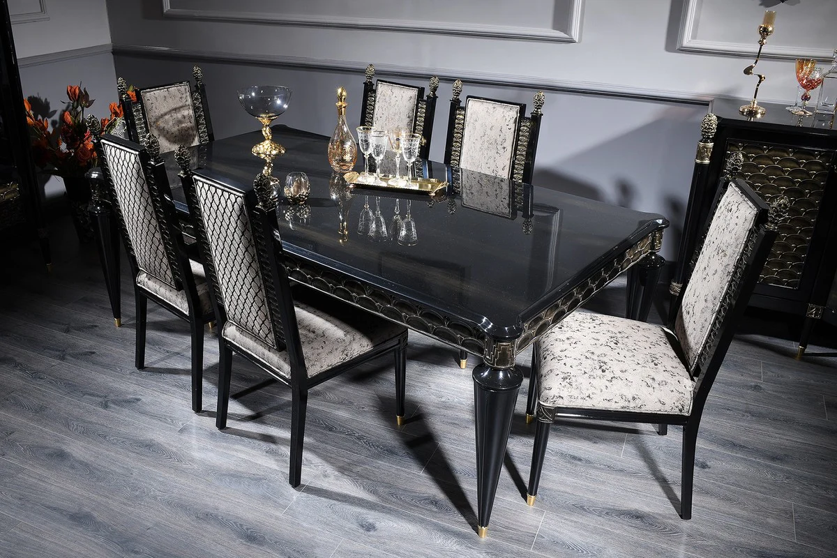 Luxury baroque dining room set silver gray / black / gold - 1 dining table and 6 dining chairs - dining room furniture in the baroque style