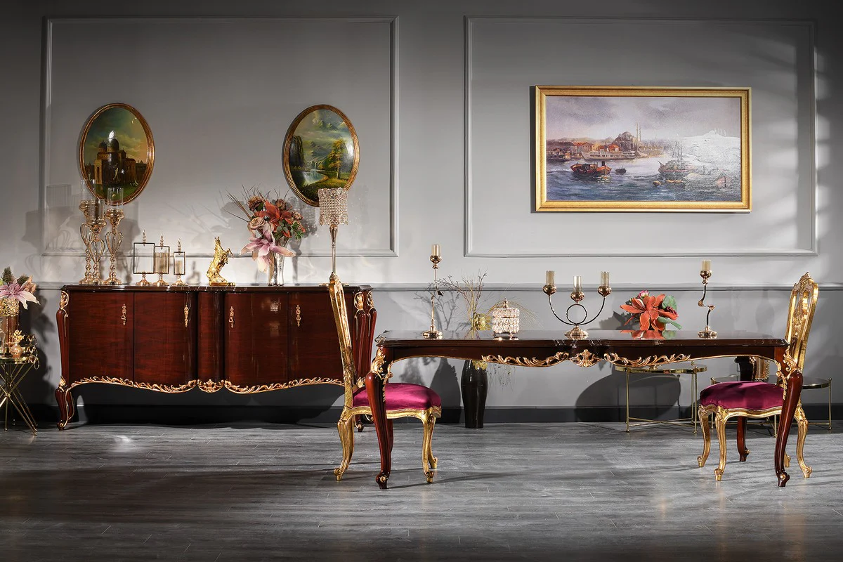 Luxury Baroque Dining Room Chair Set Purple / Gold 59 x 61 x H. 116 cm - Magnificent Kitchen Chairs Set of 6 - Baroque Dining Room Furniture