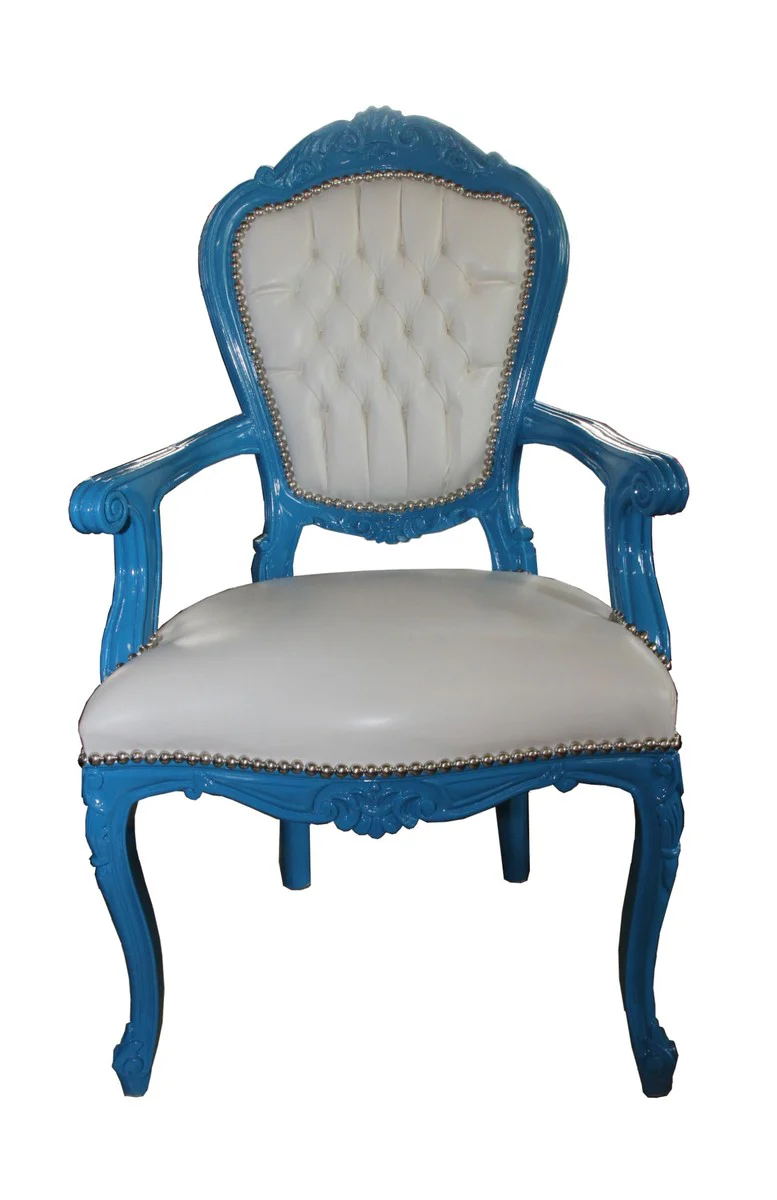 Baroque dining room chair blue / white leather look with armrests