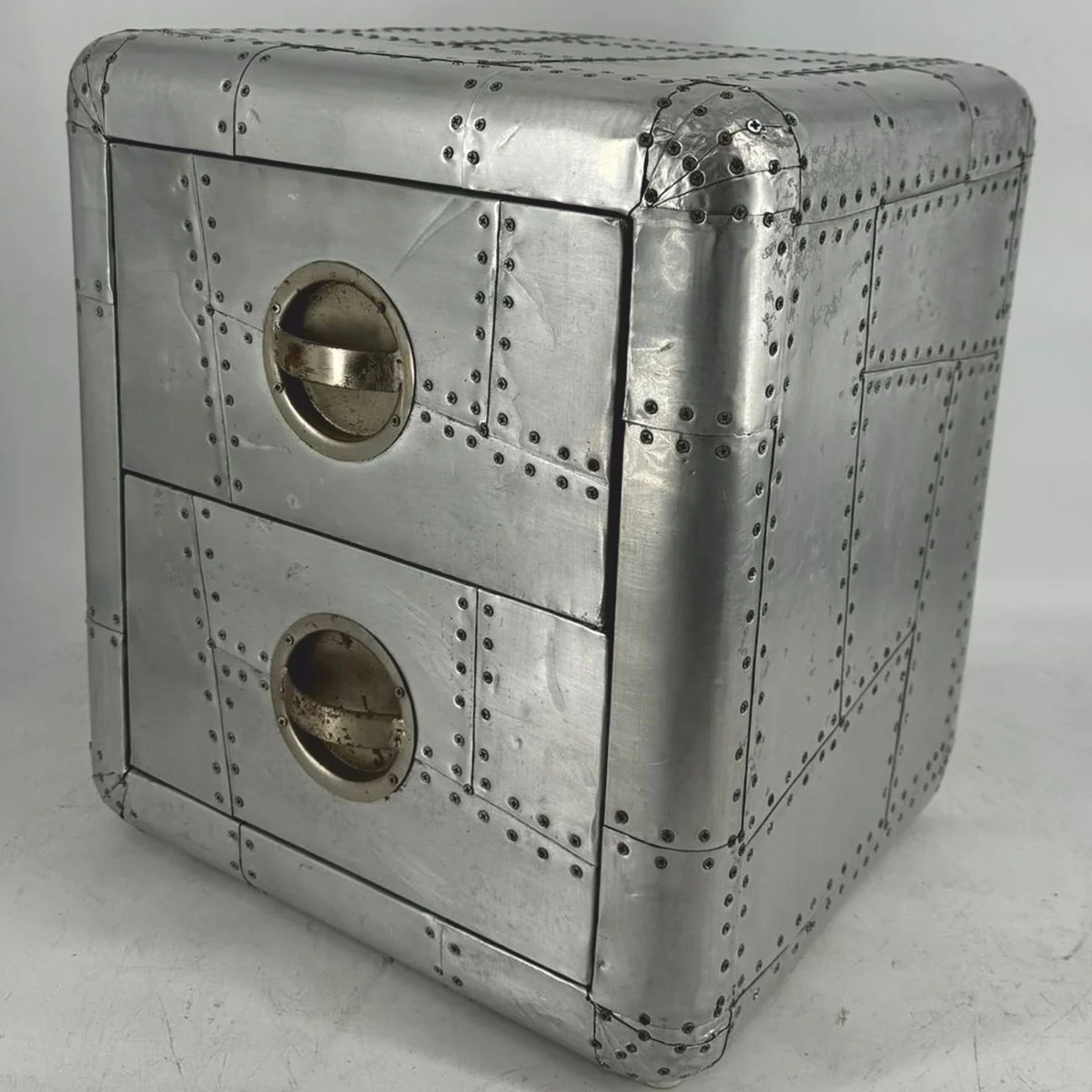 Aluminum airplane aviator bedside table with 2 drawers silver H. 50 cm