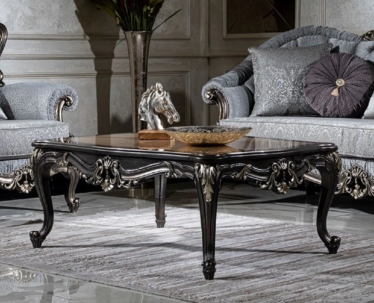 Luxury Baroque Living Room Set Light Blue / Gray / Dark Gray / Gold - 2 Sofas & 2 Armchairs & 1 Coffee Table - Handmade Living Room Furniture in Baroque Style - Noble & Magnificent