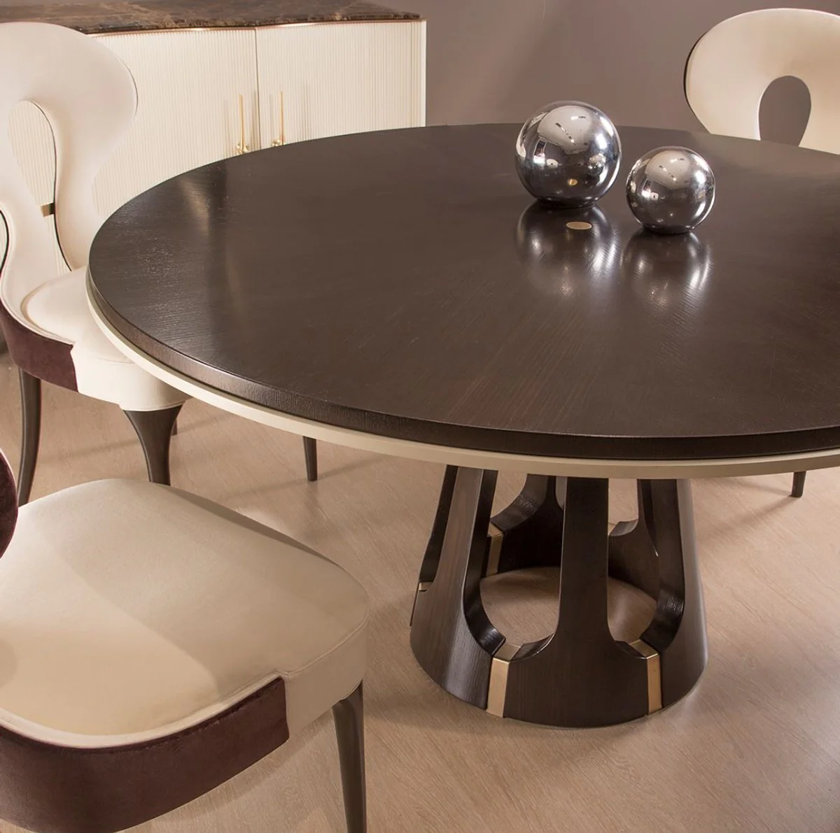 Luxury Art Deco Dining Room Set Cream / Brown / Gold - 1 Round Luxury Art Deco Dining Table & 4 Luxury Art Deco Dining Room Chairs - Art Deco Dining Room Furniture - Luxury Quality - Made in Italy