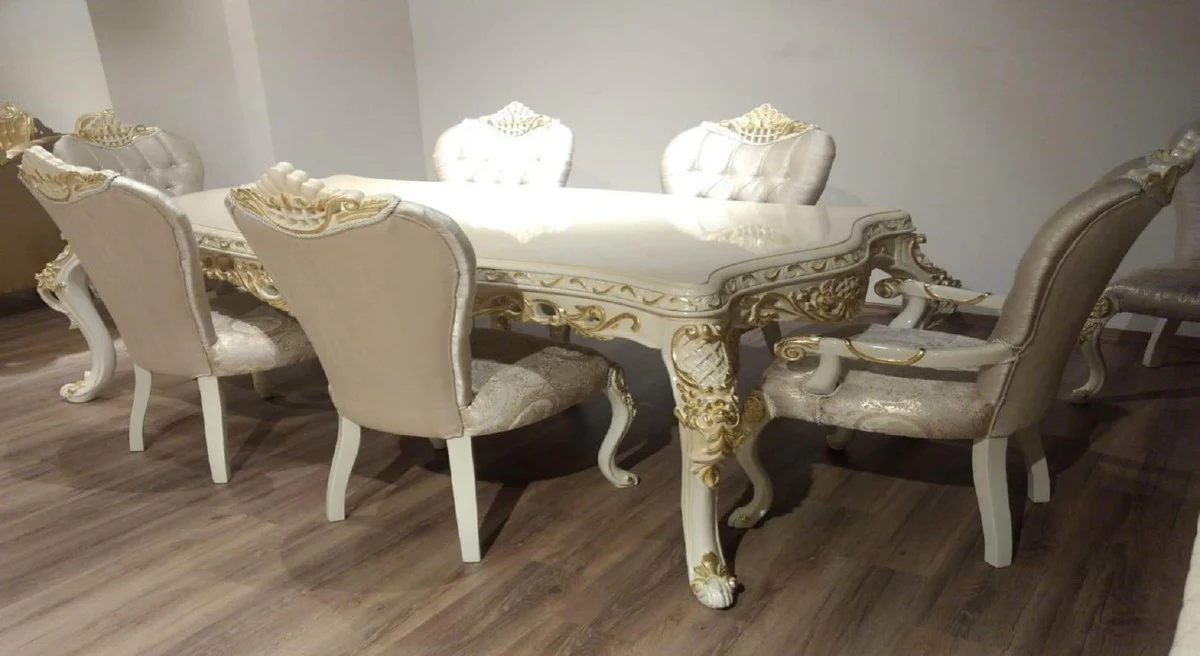 Luxury Baroque Dining Room Set Gray / White / Gold - 1 Baroque Dining Table & 6 Baroque Dining Room Chairs with Elegant Pattern - Dining Room Furniture in Baroque Style - Noble & Magnificent