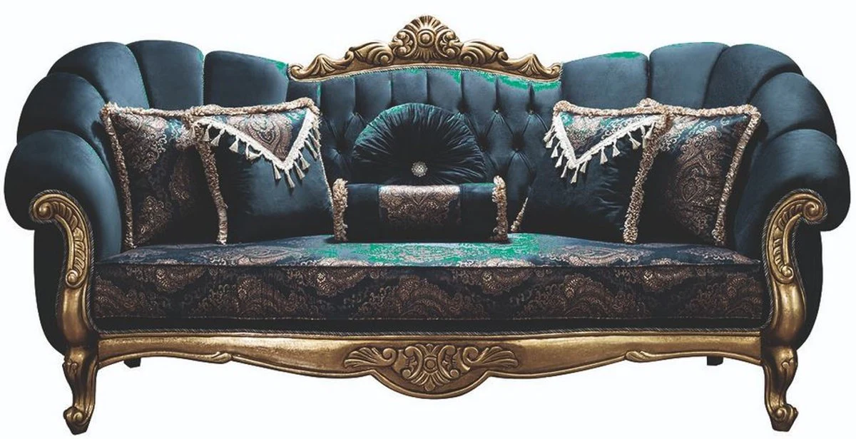 Luxury baroque sofa blue / gold 220 x 90 x H. 110 cm - magnificent living room sofa with glittering stones and decorative pillows