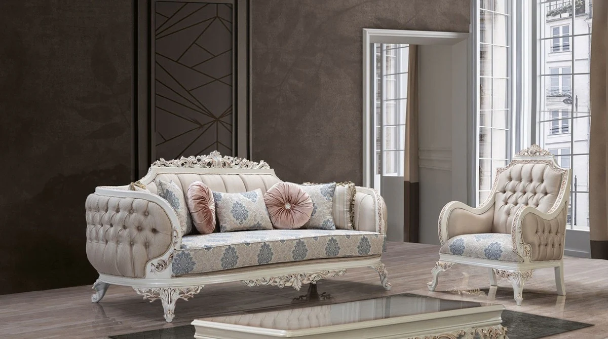 Luxury Baroque Living Room Set Multicolored / Cream White / Copper - 2 Baroque Sofas & 2 Baroque Armchairs & 1 Baroque Coffee Table - Luxury Living Room Furniture in Baroque Style - Baroque Furniture