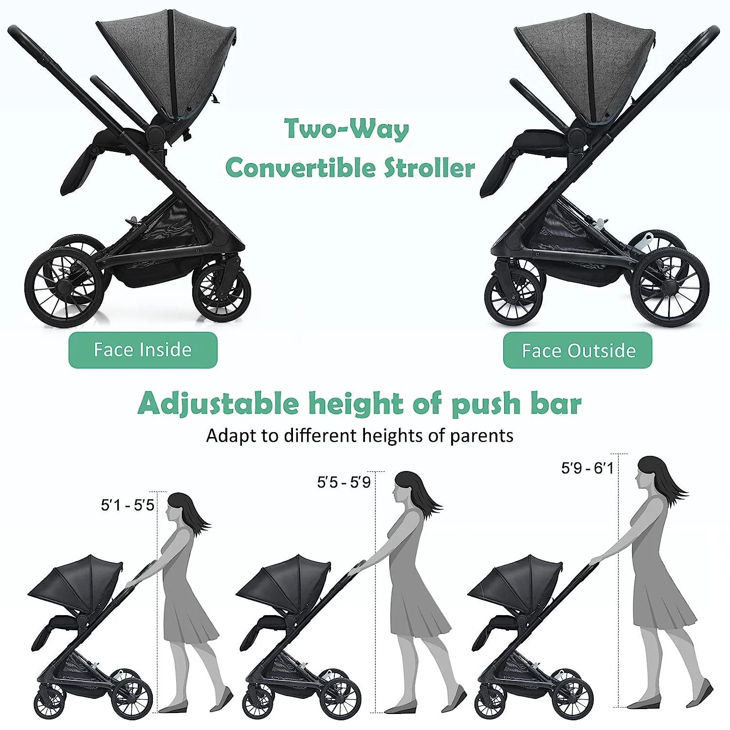 Kinderwagen, umkehrbarer Stubenwagen für Neugeborene, einhändig faltbarer, schnell zusammenklappbarer Kinderwagen mit Aluminiumrahmen, verstellbarem Verdeck, 5-Punkt-Sicherheitsgurt für Säuglinge und Kleinkinder (schwarz)