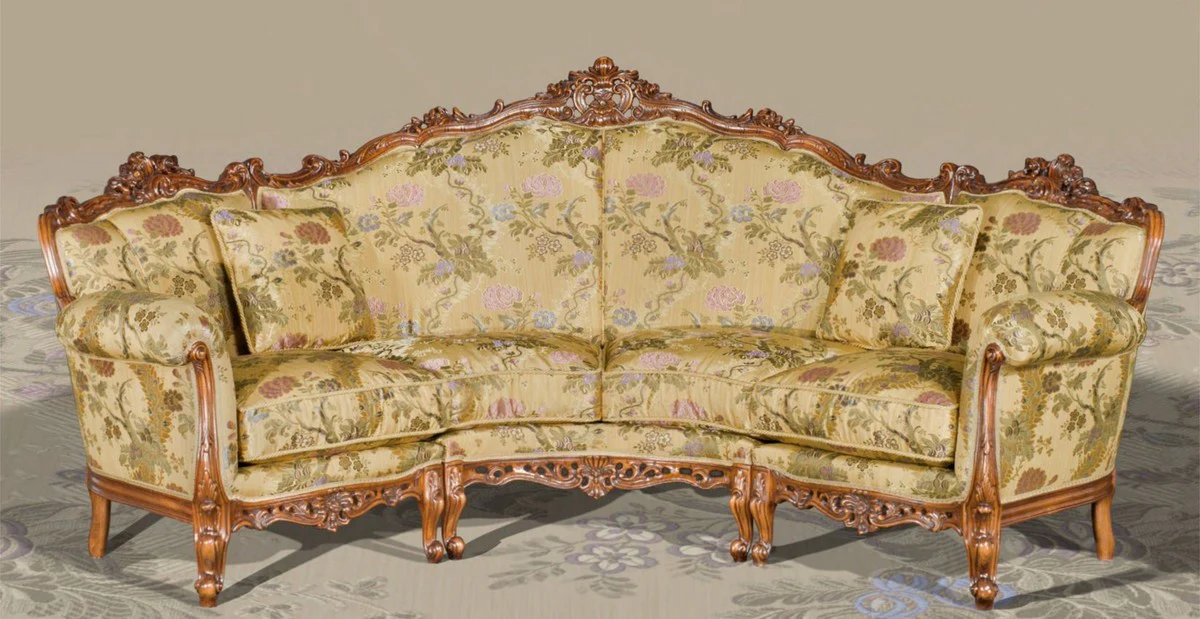 Luxury Baroque Sofa Beige / Multicolored / Brown - Curved Living Room Sofa with Elegant Floral Pattern - Baroque Living Room & Hotel Furniture - Luxury Quality - Made in Italy