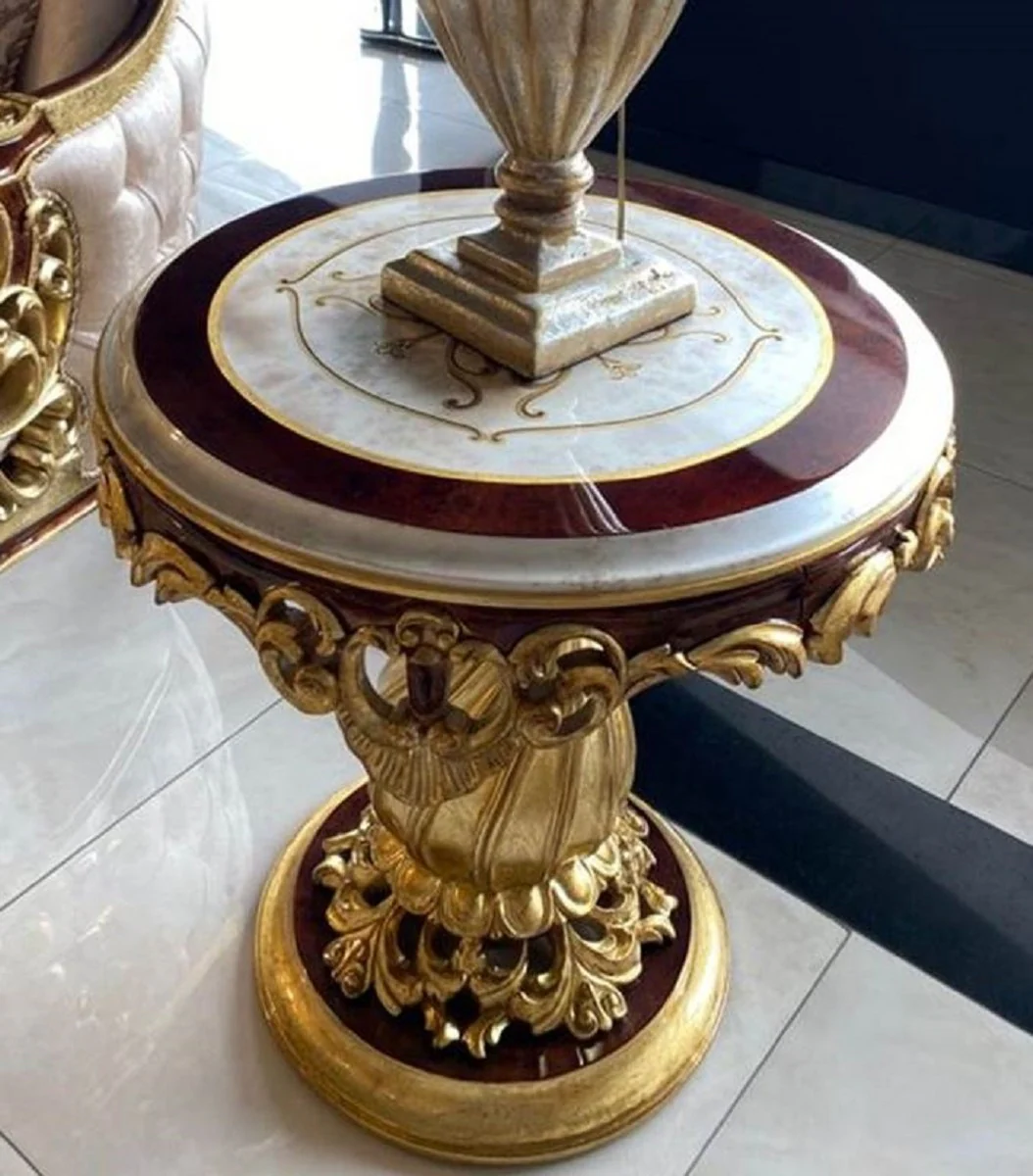 Luxury baroque side table white / brown / gold - round solid wood table in baroque style - handmade baroque living room furniture - noble and magnificent