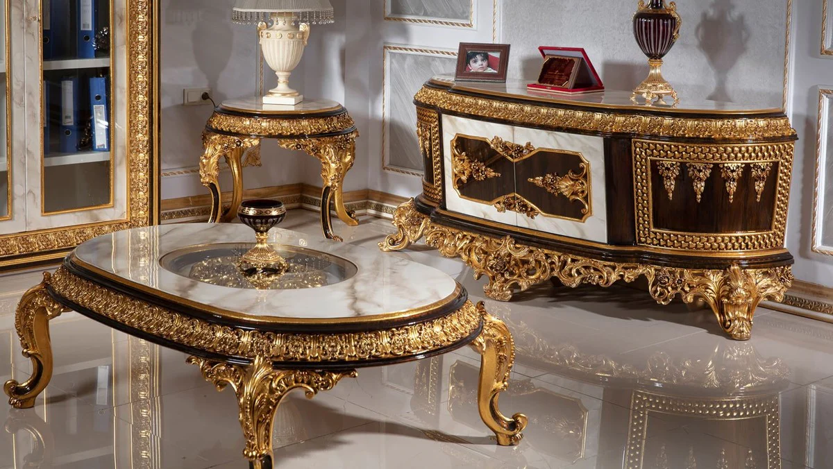Luxury baroque side table white / dark brown / gold - magnificent solid wood table in baroque style - baroque living room furniture - noble and magnificent