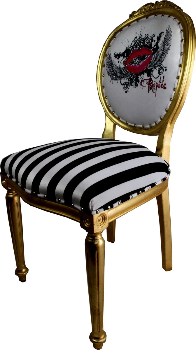 Pompöös by Luxury Baroque Dining Room Chair Black / White Stripes / Gold - Pink Lips - Pompööser Baroque Chair designed by Harald Glööckler