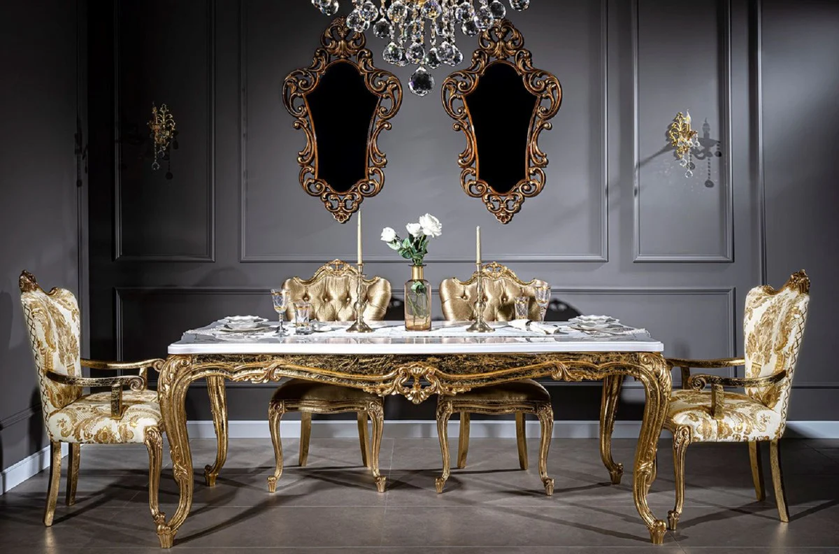 Luxury Baroque Dining Room Set White / Gold - 1 Dining Table & 6 Dining Chairs - Handcrafted Dining Room Furniture in Baroque Style - Noble & Magnificent