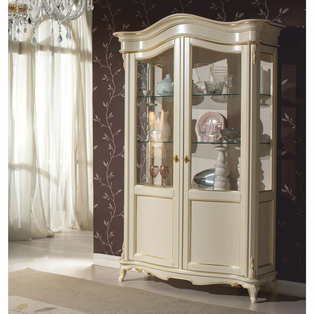 Luxus Barock Vitrine Creme / Gold H. 211 cm - Barock Möbel - Made in Italy