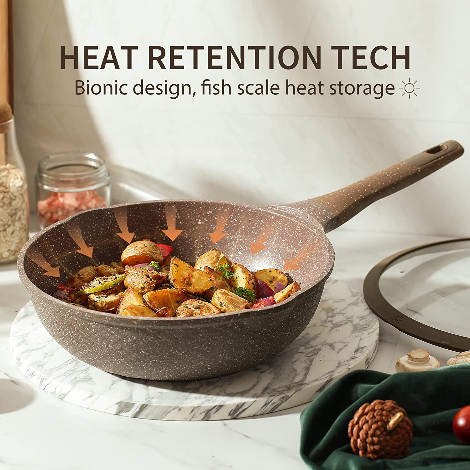 Antihaftbeschichtetes Kochgeschirr-Set, 10-teiliges Set aus Töpfen und Pfannen, antihaftbeschichtet, gesundes Antihaft-Induktionskochgeschirr aus Stein, Küchen-Granit-Kochset mit Bratpfannen und Topf, PFOS, PFOA-frei (brauner Granit)