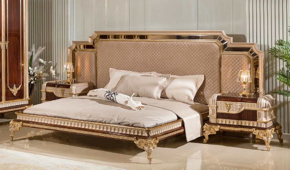 Luxury baroque double bed with 2 nightstands gray / dark brown / gold - baroque furniture