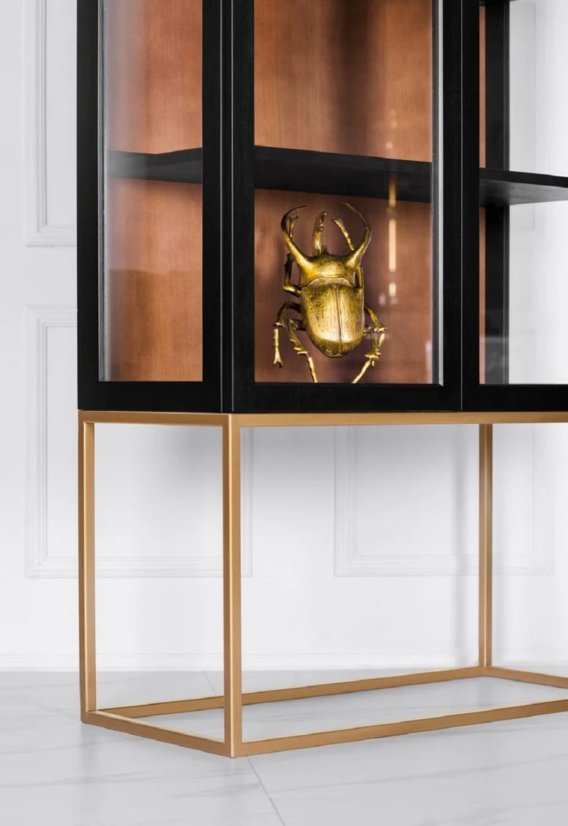 Luxury display cabinet with LED lighting matt black / brass / matt cognac 90 x 40 x H. 200 cm - illuminated solid wood display cabinet with 2 glass doors - living room furniture - luxury furniture