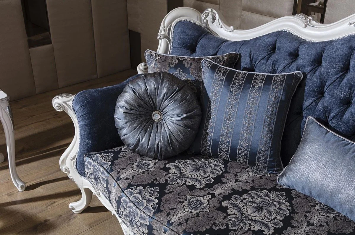 Luxury baroque living room sofa with pattern and decorative pillows blue / white / silver 240 x 90 x H. 120 cm - Magnificent baroque furniture