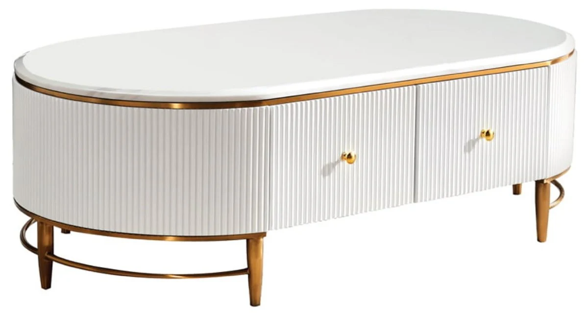 Luxury coffee table white / brass / gold 130 x 70 x H. 42 cm - Modern living room table with 4 drawers - Modern living room furniture