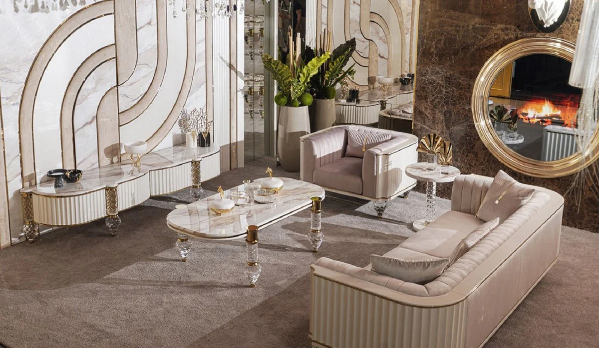 Luxus Art Deco 4er Sofa Grau / Gold