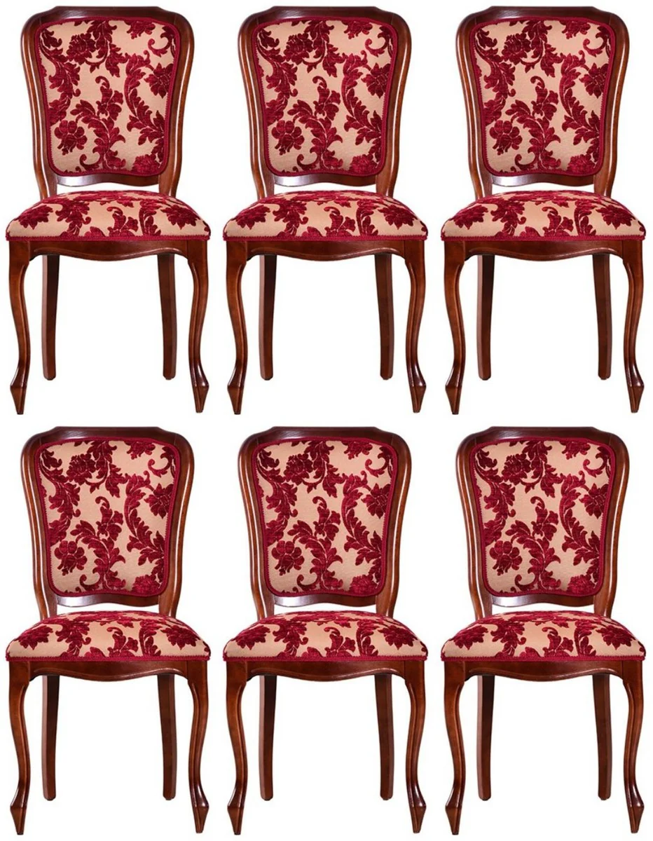 Luxury Art Nouveau dining chair set of 6 Bordeaux red / cream / brown 49 x 57 x H. 99 cm - Elegant kitchen chairs with pattern - Baroque & Art Nouveau dining room furniture - Luxury quality