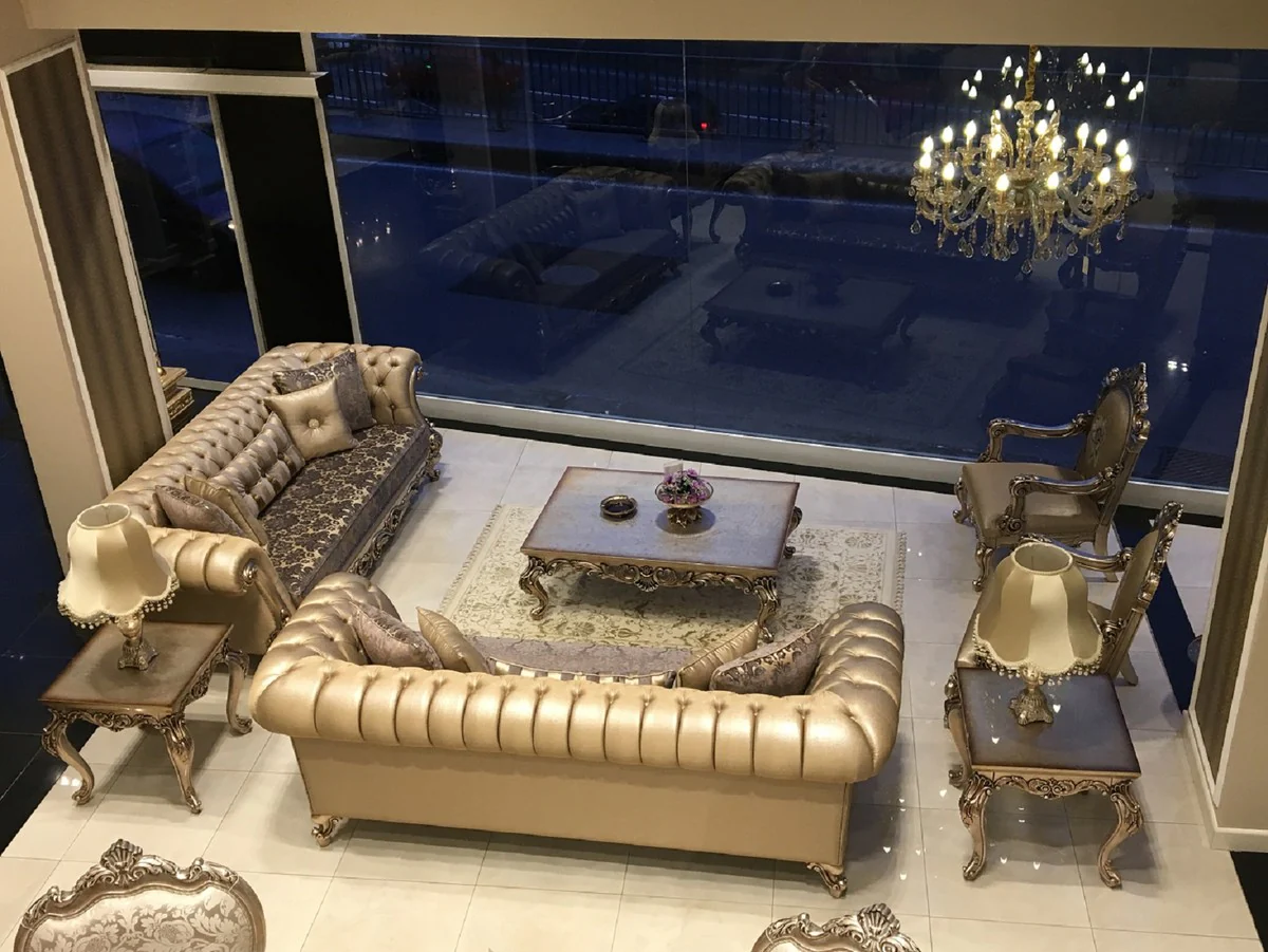 Luxus Barock Wohnzimmer Set - 2 Sofas & 2 Sessel & 1 Couchtisch & 2 Beistelltische - Handgefertigte Wohnzimmer Möbel im Barockstil - Edel & Prunkvoll