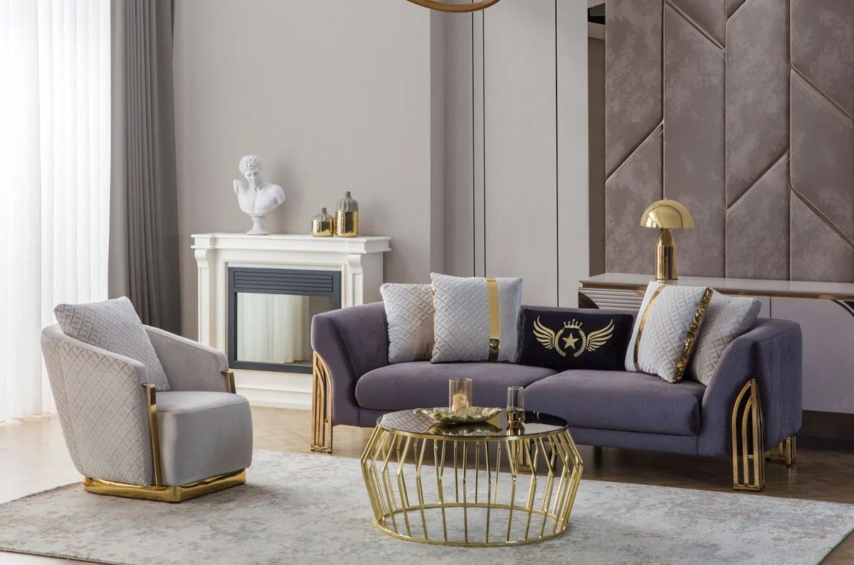 Luxury sofa purple / gold 230 x 90 x H. 77 cm - living room sofa - hotel sofa - living room furniture - hotel furniture - luxury furniture - living room furnishings - luxury furnishings