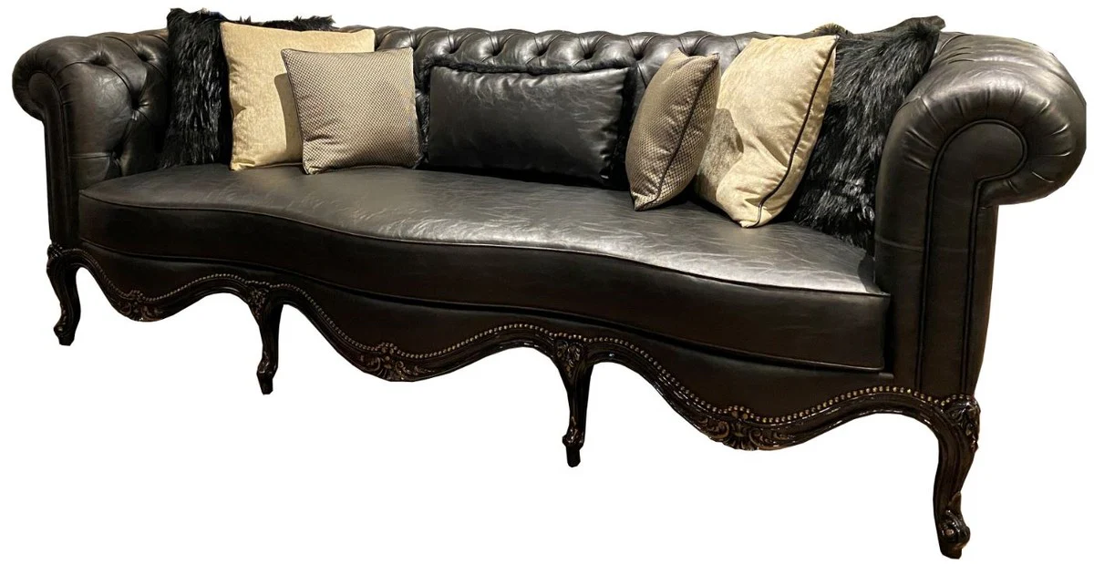 Luxury Baroque Chesterfield Leather Sofa Black 250 x 95 x H. 83 cm - Real Leather Living Room Sofa in Baroque Style - Noble & Magnificent