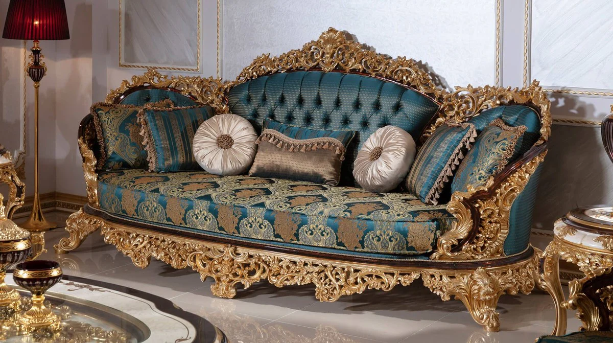 Luxury Baroque Sofa Blue / Beige / Brown / Gold - Magnificent Living Room Sofa with Elegant Pattern - Baroque Living Room Furniture - Noble & Magnificent