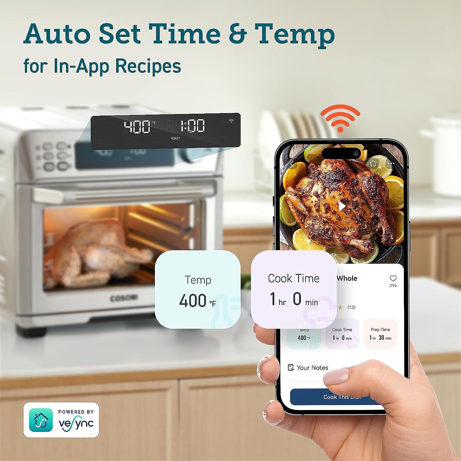 COSORI Toaster Ofen Luft Fryer Combo, 12-in-1, 26QT Konvektion Backofen Countertop, Edelstahl mit Toast Bake und Broil, Smart, 6 Slice Toast, 12'' Pizza, 75 Rezepte & Zubehör