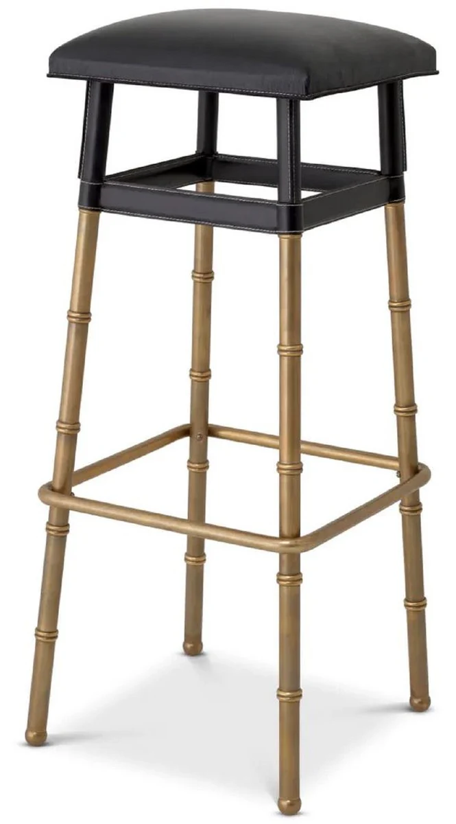 Luxury bar stool black / vintage brass 34.5 x 33 x H. 80.5 cm - Padded bar chair with real leather - Bar furniture - Leather furniture - Luxury furniture - Luxury quality